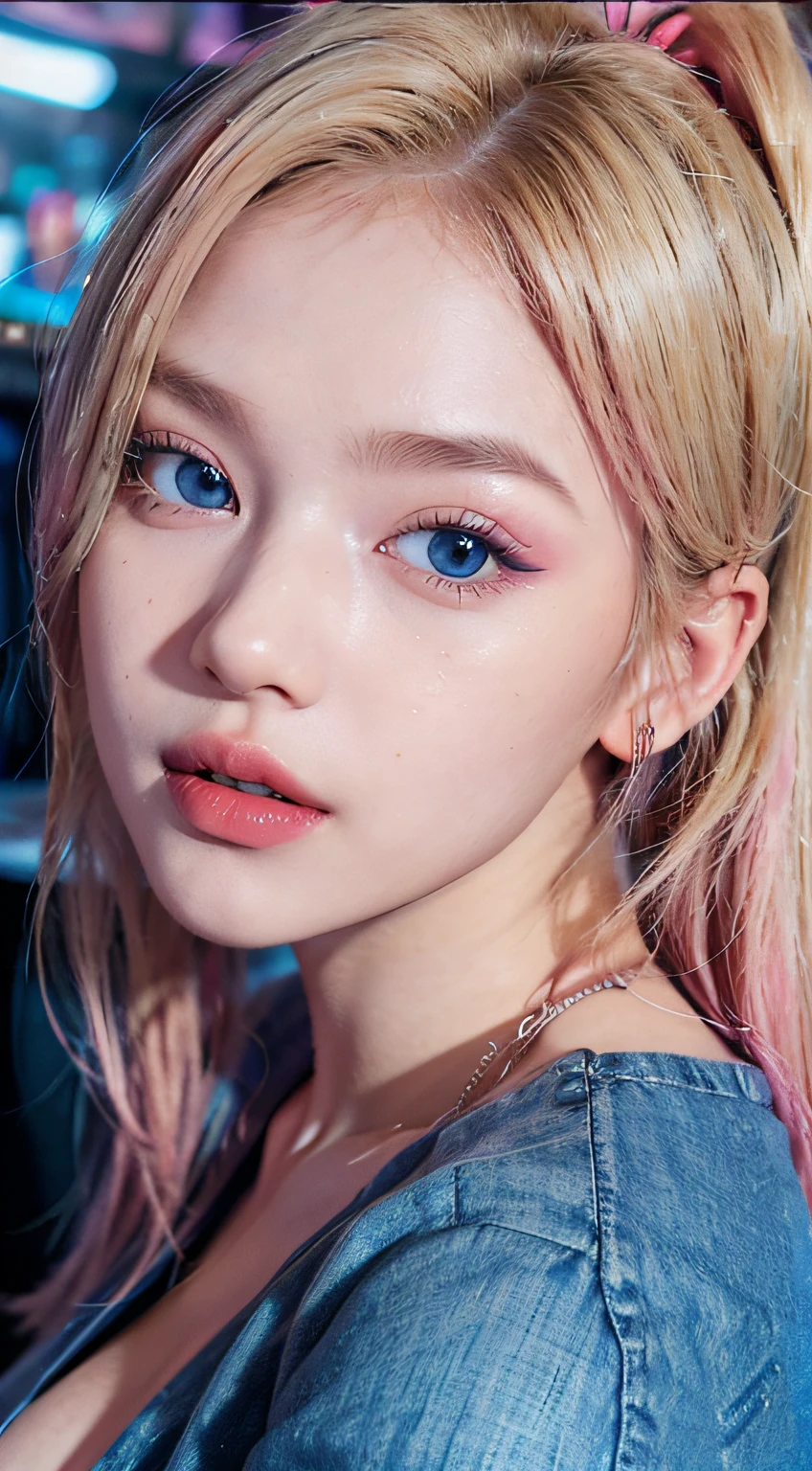 1girl, (Blue eyes), laughing, (Sana Minatozaki), (pink makeup :1.3), (close-up at face :1.4), wide hips, Big Boobs, big ass, (Best Quality, 8k, Masterpiece: 1.3), Clear Focus: 1.2, Perfect Body Beauty: 1.4, Slender Abs: 1.2, Highly detailed face and skin texture, detailed eyes, double eyelids, red lips, (blonde ponytails hair), (long sweater), (jeans), standing, (taking selfie :1.3), in a bar, drinks in the background, deep on field