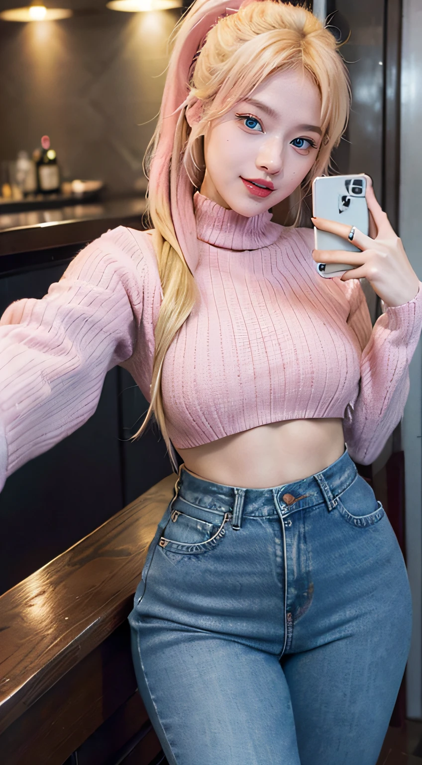 1girl, (Blue eyes), laughing, (Sana Minatozaki), (pink makeup :1.3), (close-up at face :1.4), wide hips, Big Boobs, big ass, (Best Quality, 8k, Masterpiece: 1.3), Clear Focus: 1.2, Perfect Body Beauty: 1.4, Slender Abs: 1.2, Highly detailed face and skin texture, detailed eyes, double eyelids, red lips, (blonde ponytails hair), (long sweater), (jeans), standing, (taking selfie :1.3), in a bar, drinks in the background, deep on field