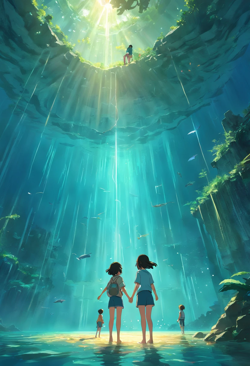 In the style of a tranquil underwater world landscape, A variety of marine life,colorful animation stills, Amber style, Honest portrayal