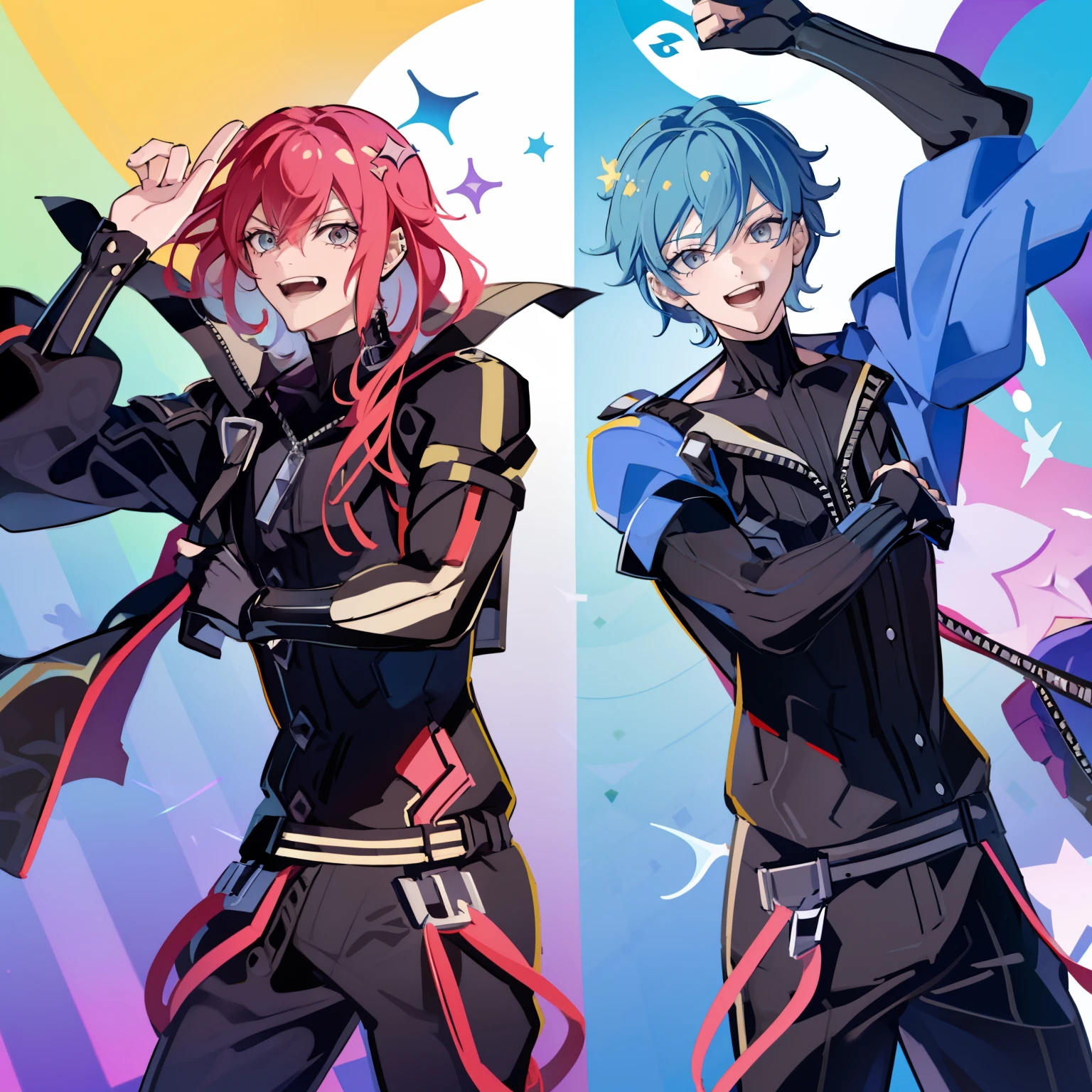 Evil twin Kisikilnas as a boy, Long pink hair, devious smile ,kisikilevil,  Evil twin Lila as a boy, long Blue hair, ((2boy s)), high quality, masterpiece, high Aesthetic , lillaevil, Phantom thieves , partners, dynamic poses