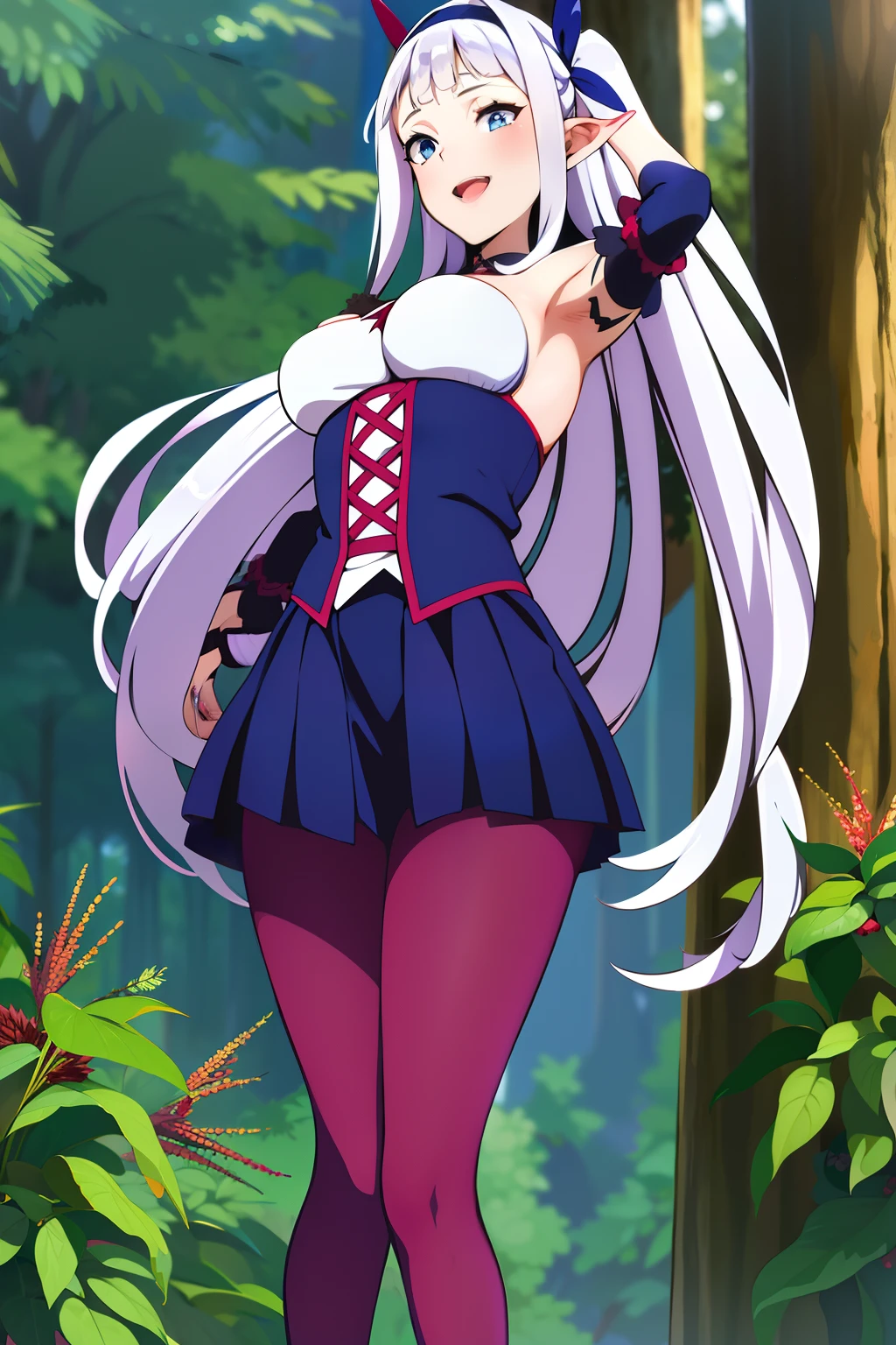 lulucy silver hair, hair ribbon, beautiful face, light smile, blue eyes, maroon legwear, (masterpiece:1.2), best quality, absurdres, extremely detailed wallpaper, perfect lighting, forest, lingerie sexy model armpits