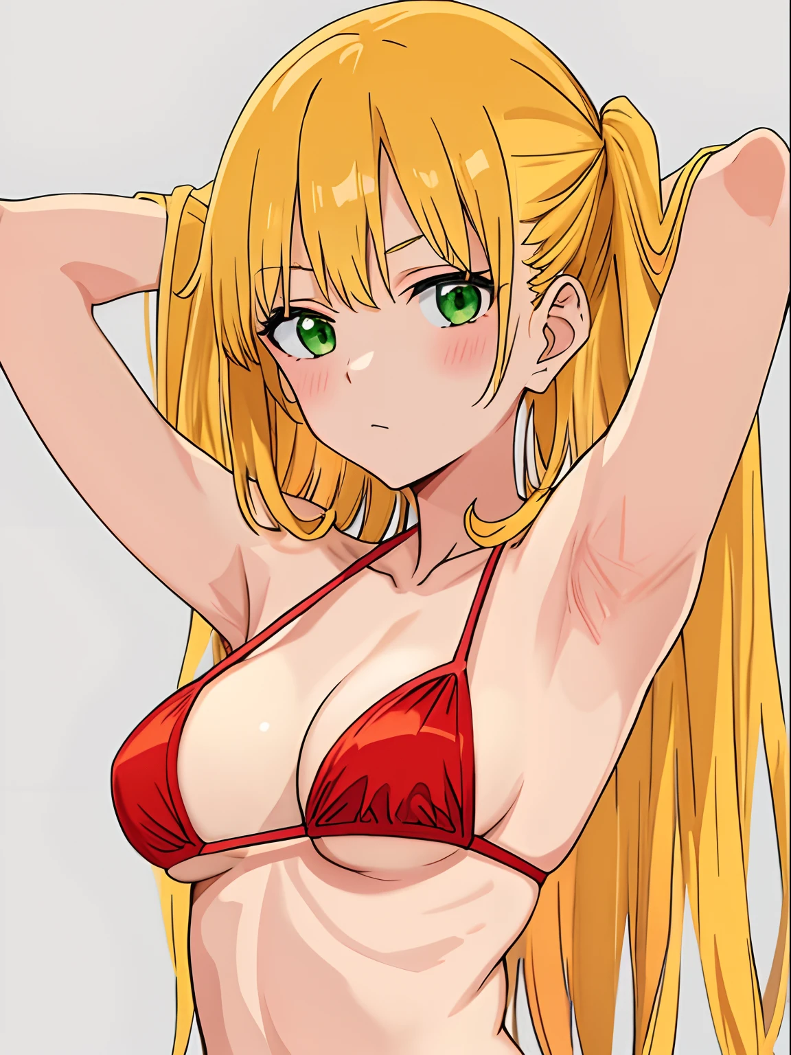 masterpiece, 1girl, looking_at_viewer, expressionless, red_bikini, arms_behind_head, armpits, blonde_hair, green_eyes, pigtails, long_hair