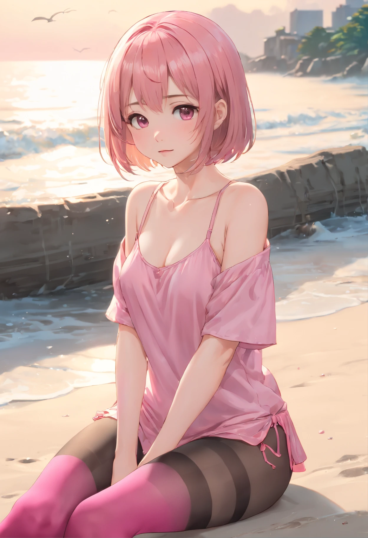 Girl white pantyhose blush pink hair red eyes JK skirt shy on the beach