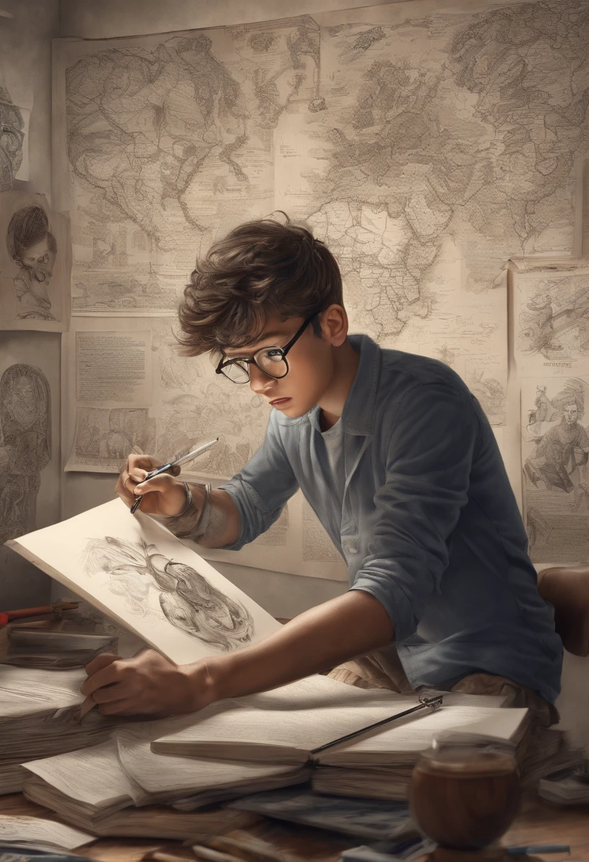boy [tan skin, glasses] seeing his art from drawing book coming alive