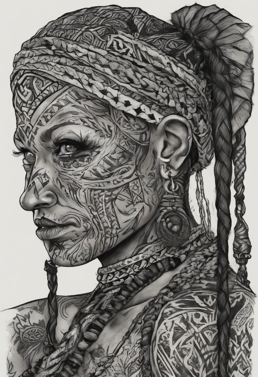 bald scraggly shirtless tattooed female viking shaman, has facial tattoos