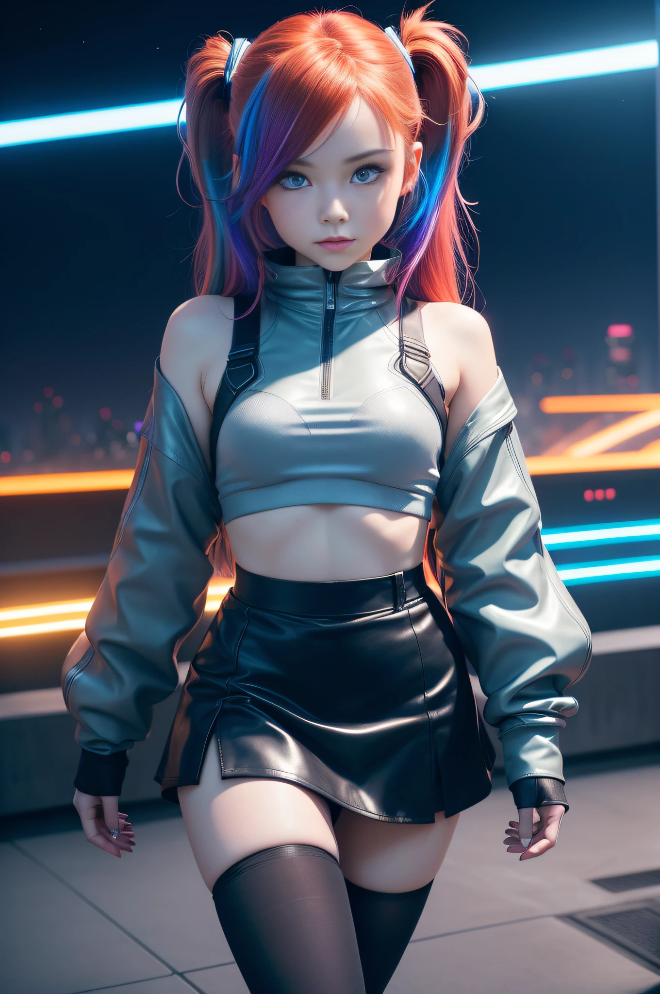 1 girl, solo, (nsfw), cute redhead 18-year-old girl in twin tails, ((perfect female body)), (cute face make up), multiple (rainbow colored hair: 1.2), (beautiful detailed blue eyes: 1.6), (photo realistic eyes: 1.6), happy, Ukrainian, (petite body), ((small hips)), pale white skin, (mini skirt and tube top), (matte pantyhose: 1.6), (("TRON LEGACY futuristic city" style background)), (night time:1.2), photo realistic.
