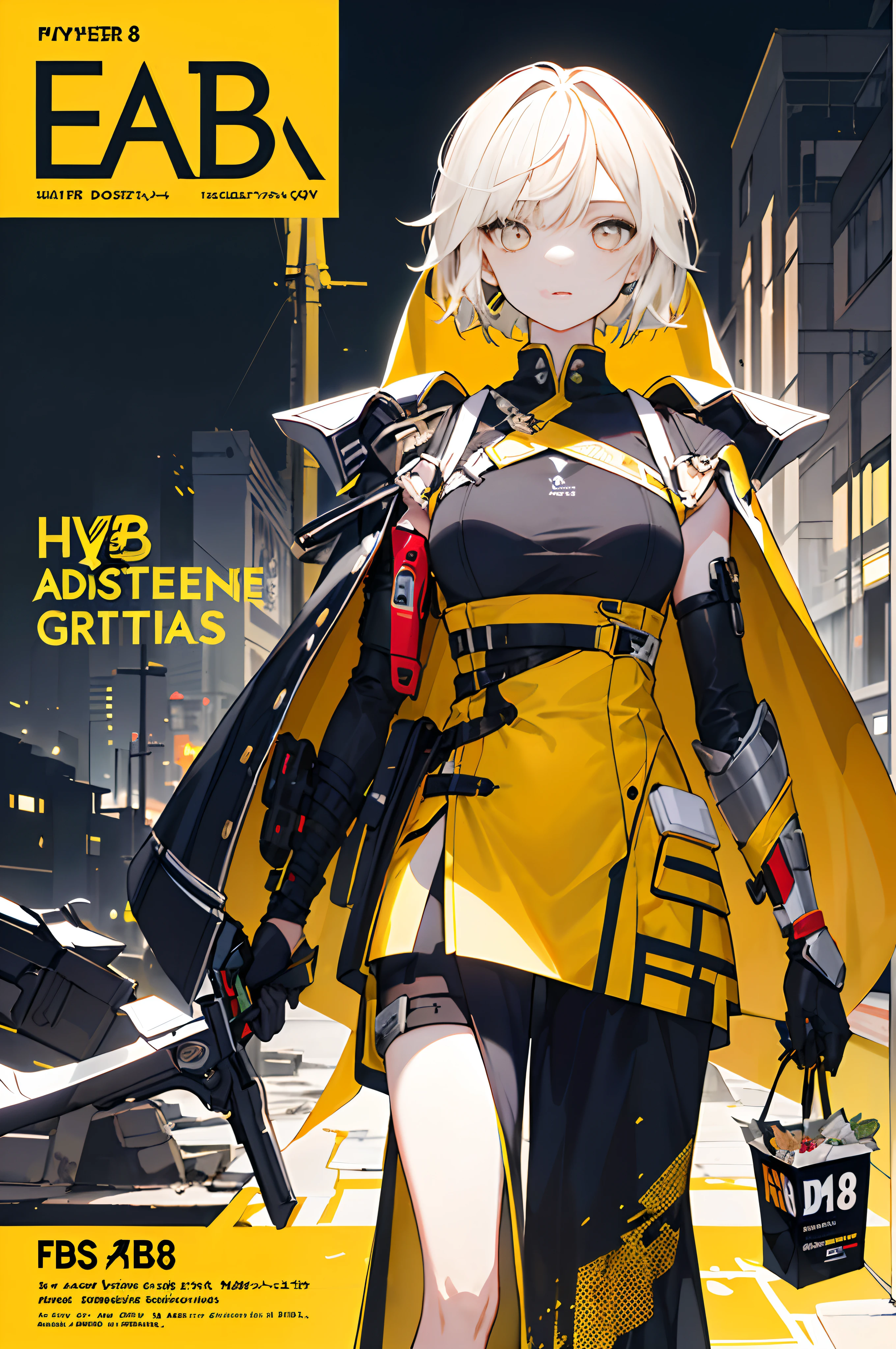 ((((Dramatic))), (((grittiness))), (((Intense))) The movie poster features a young woman as the central character。She stands confidently in the center of the poster，Wear fashion-forward cyborg-futuristic outfits，with a determined expression on her face。The background is dark and gritty，There is a sense of danger and a strong feeling。The text is bold and eye-catching，With catchy slogans，Adds to the overall drama and excitement。The color palette is dominated by dark colors，Dotted with bright colors，Make the poster dynamic and visually striking，tachi-e (Magazines:1.3), (Cover-style:1.3), Fashionab, woman, vibrant, Outfit, posing on a, Front,rich colourful，dyna，Background with，element in，self-assured，Expressing the，halter，statement，Attachment，A majestic，coil，Runt，Touching pubic area，Scenes，text，Cover of a，boldness，attention-grabbing，titles，Fashionab，typeface，Catchy，titles，more big，Smart、moderno、Trendy、focus-on、Fashionab、，tmasterpiece，Need，Best quality at best，Hyper-detailing，8K ，hyper HD