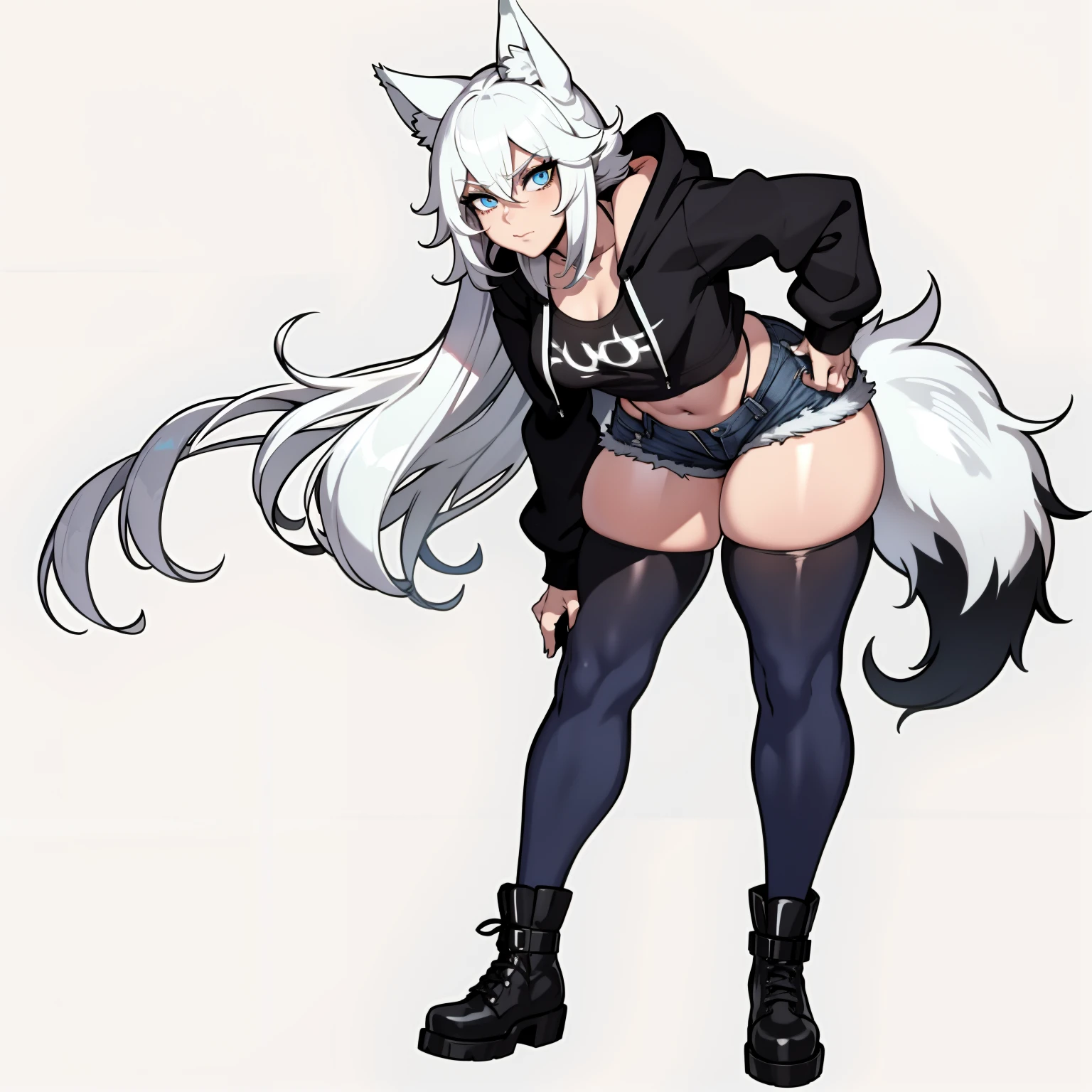 Single boy, Anime Femboy, Short, Long white hair, wolf ears, wolf tail, blue eyes, wearing jean short shorts, thigh high socks, black combat boots, wearing cropped black hoodie, flat chest, super flat chest, solo femboy, only one femboy ((FLAT CHEST)), wide hips, thicc thighs, happy, nice butt, lobo written on hoodie, bent over