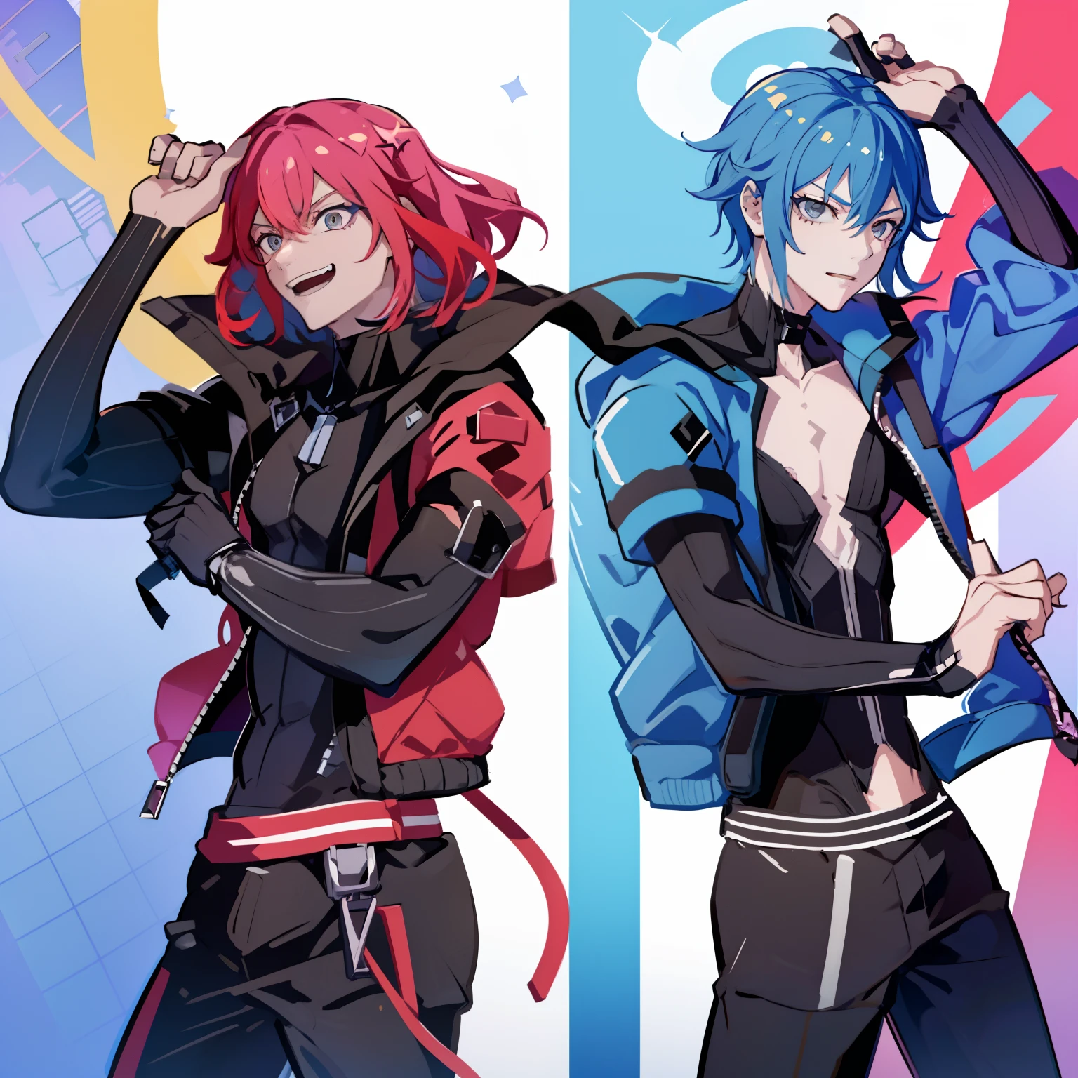 Evil twin Kisikilnas as a boy, Long pink hair, devious smile ,kisikilevil,  Evil twin Lila as a boy, long Blue hair, ((2boy s)), high quality, masterpiece, high Aesthetic , lillaevil, Phantom thieves , partners, dynamic poses