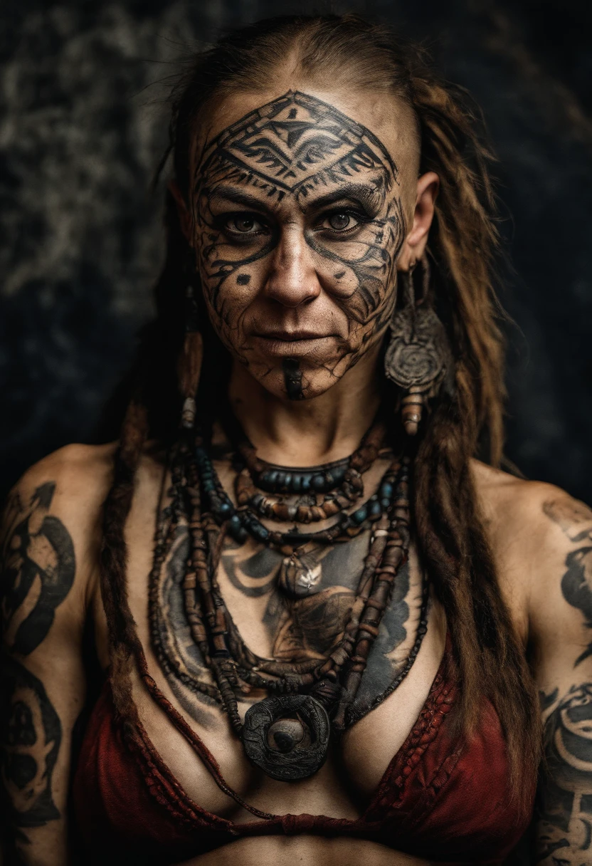 bald scraggly shirtless tattooed female viking shaman, has facial tattoos