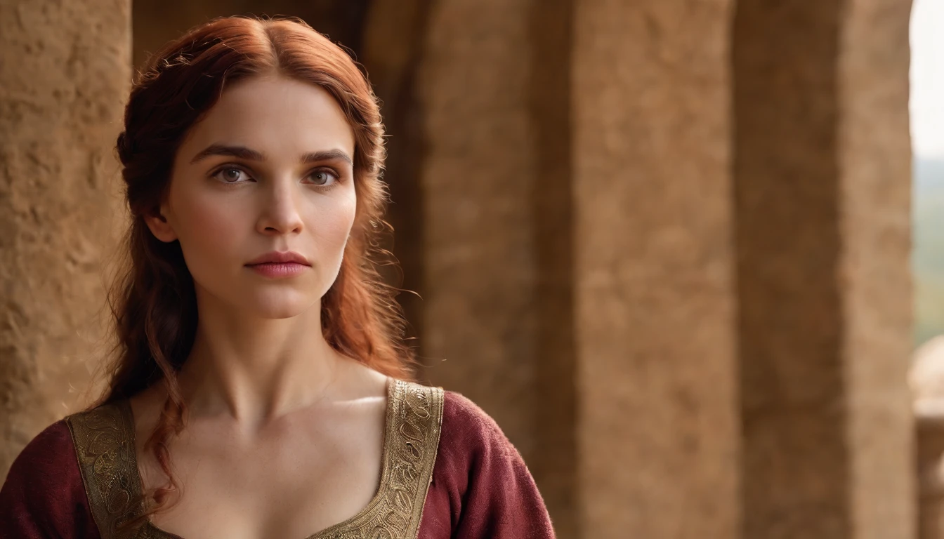 Depict a Roman lady flaunting her Gallic hair wig, drawing the envy of her female peers who gaze in admiration