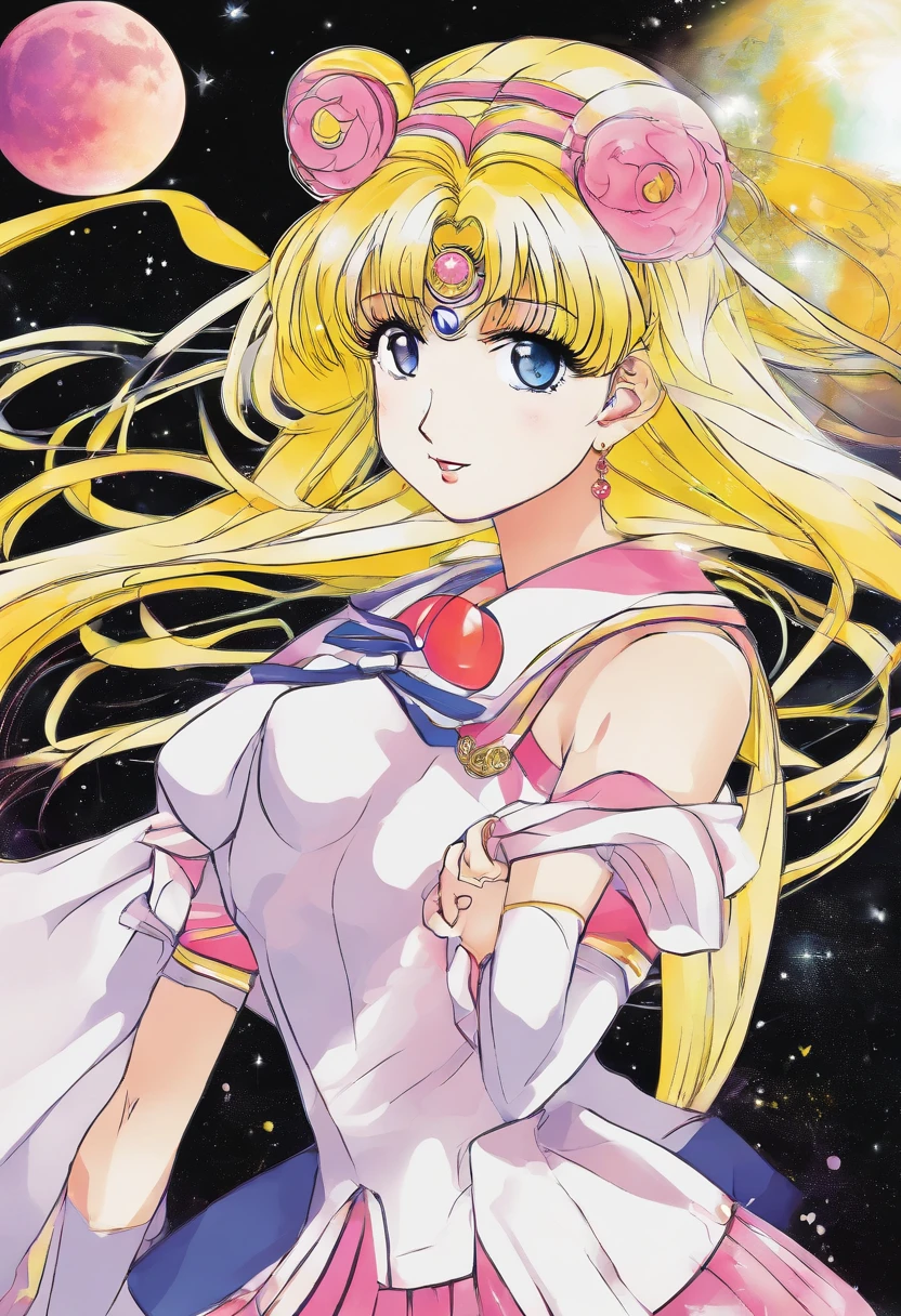masterpiece,best quality,highly detailed,1girl,solo,blush, hologram,holographic body, dynamic pose,holographic dress, eternal sailor moon, disintegrate effect, from below, big breast, wind blowing, torn clothes, tearing clothes, closed eyes, screaming, tilt head