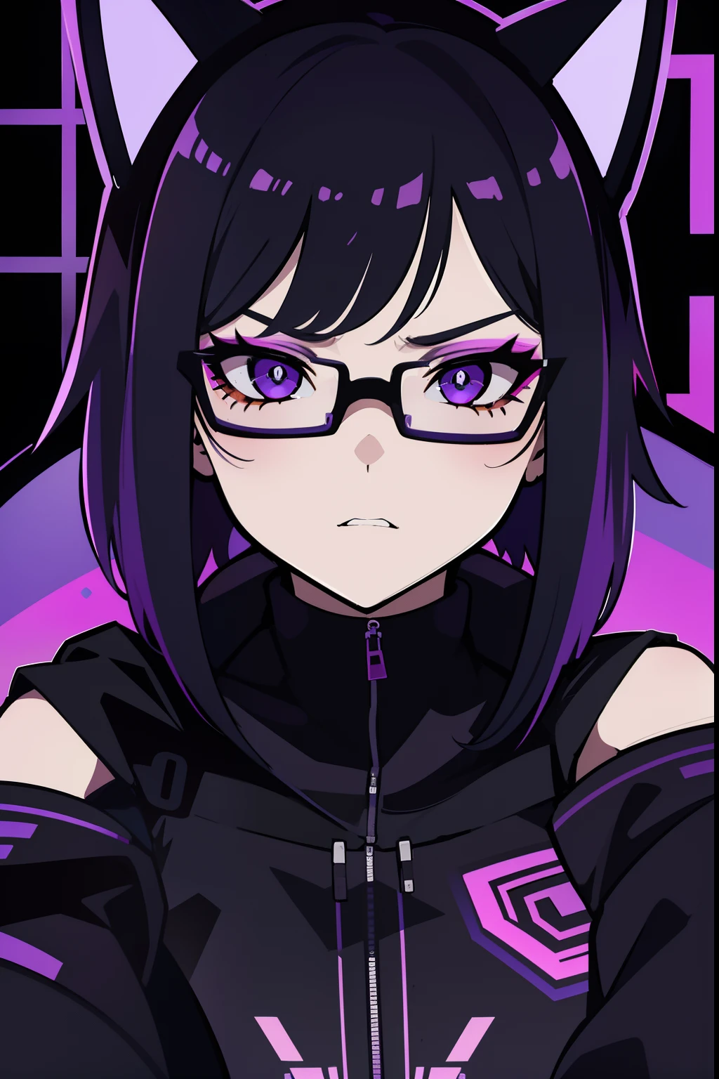 Cyberpunk mommy vibe a little chubby hot girl gamer hacker with purple and black jacket clothes ,with glasses with cat ears, com 22 anos de idade, olhos violetas brilhando, shoulder-length black short medium hair with purple tips, and serious expression