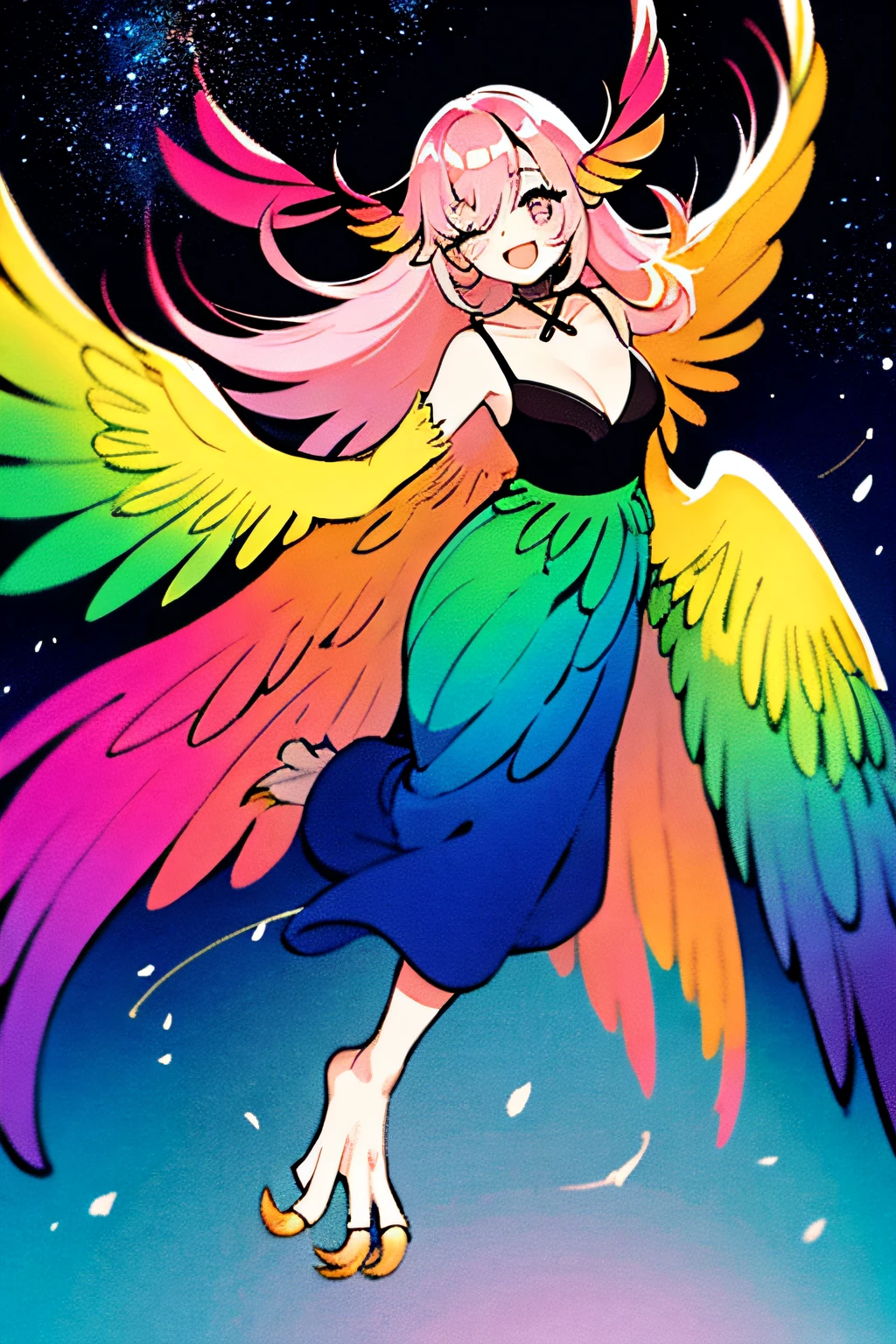 harpy, pluma, toenails,, large wings,deph of field,Top image quality、Beautifully Aesthetic:1.2)、(1girl in:1.3)、（rainbow-colored hair、colourful hair、Half blue and half pink hair:1.2)、looking at the viewers、patterns、colourfull、colorful backdrop、starrysky、shooting stars、a smile、Throat and face