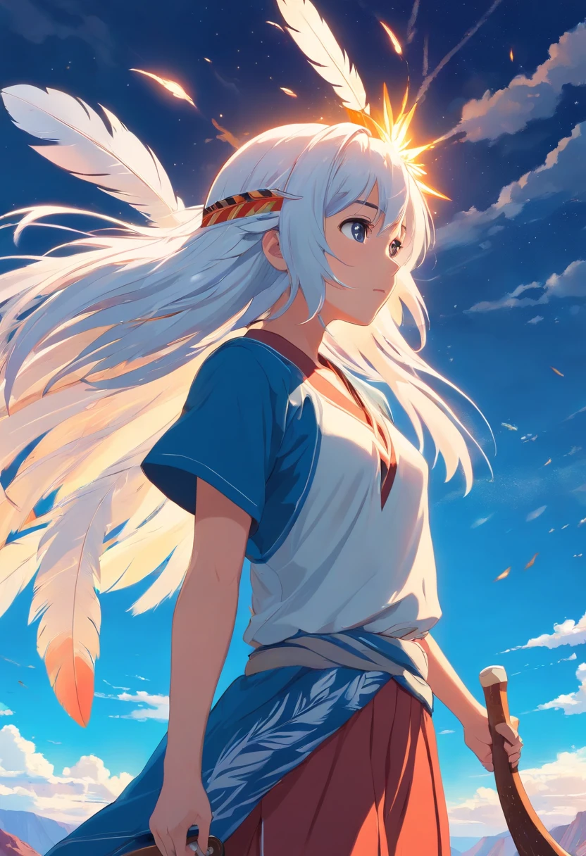 (best quality, ultra-detailed:1.2), masterpiece:1.2, sky porn, young Native American, long flowing white hair, (gazing at the sky), (holding an axe, traditional clothing, feather headdress), majestic Uluru (Ayers Rock), magnificent eagle, sunlight streaming