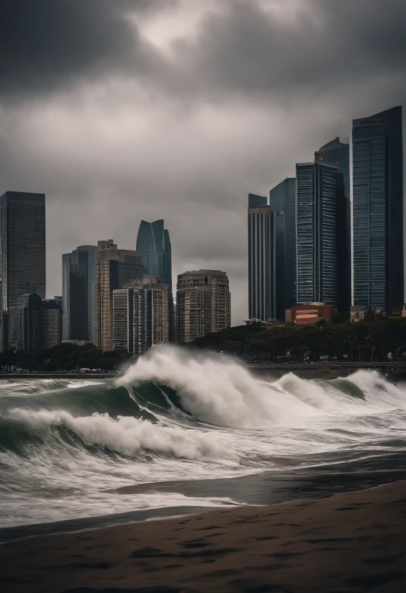 tidal waves,Armageddon,Greatwave,flap,Run-down cities create cinematic cityscapes,Towering tsunami waves pound the city skyline. The lens should capture the absolute power and destructive power of the wave, The building in the foreground is partially submerged, debris flying, and the feeling that disaster is imminent. Long lens camera angle with EE 70mm lens on the Nikon D850, Aim for high resolution, Photorealistic rendering. Ensure that the scene is highly detailed, With HDR lighting, And convey a sense of urgency and confusion.