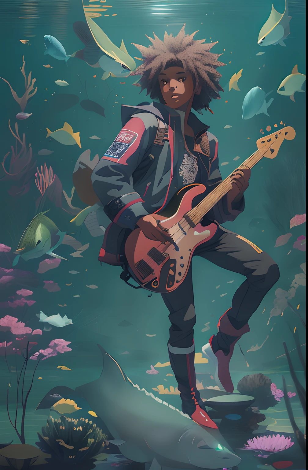 There's a man with a guitar in a fish tank, No estilo de Ross Tran, Estilo Ross Tran, inspirado em Jeremy Chong, Ross Tran 8 K, Android Jones e Atey Ghailan, shark and guitar, Atey Ghailan 8 K, Concept Art Digital Illustration, arte conceitual da guitarra, inspirado em Ross Tran, illustration concept art, stunning anime-style digital illustration