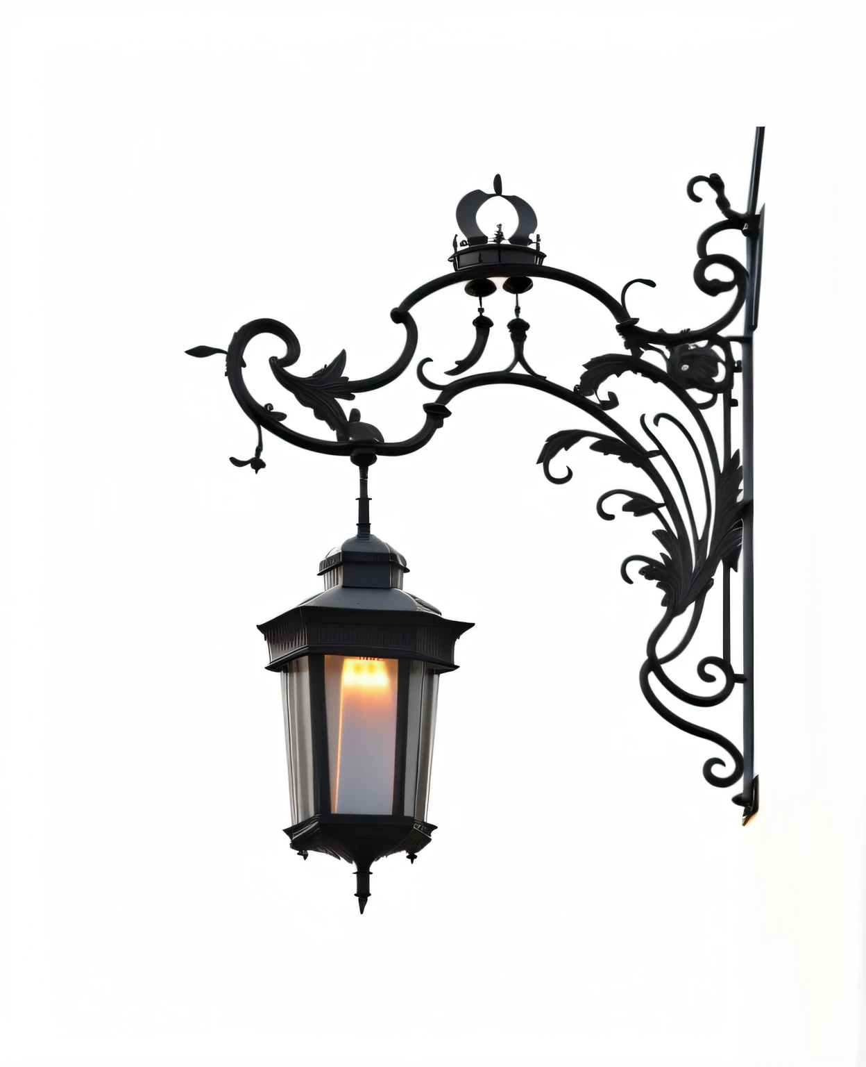 There is a black street light hanging from a metal stand, lanterna, lanternaa dim, street lighting, street lighting, street lamp, Luz da lanternaa, streetlamp, Flashlight Beyond, a single gas lamp, lighting path traced, streetlight at night, Gothic lighting, lamplight, gas lighting, raytraced lighting, lanternaas de rua, gas light, luz noturna, modeled lighting