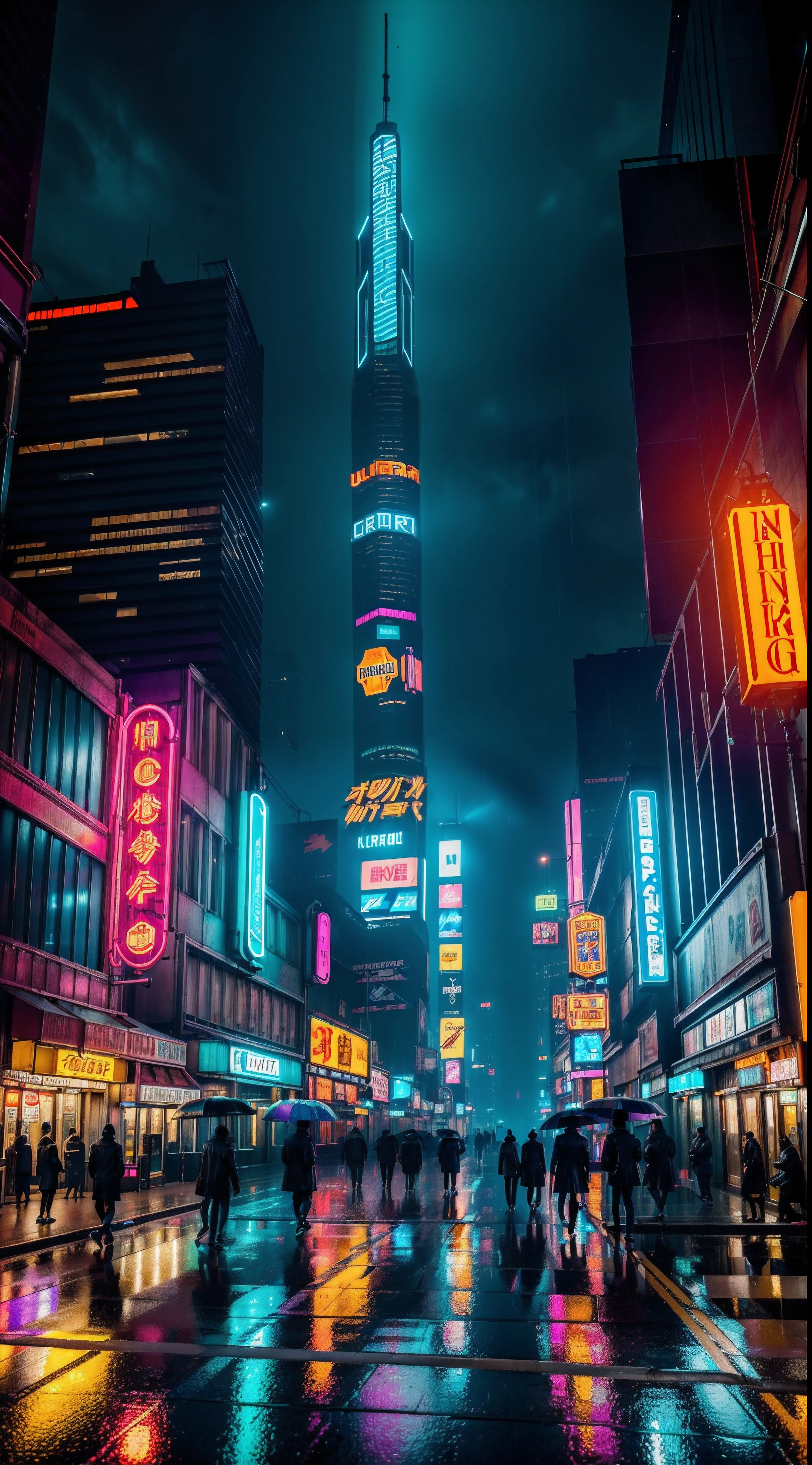 (best quality, highres, ultra-detailed, realistic:1.37), Cyberpunk nightcity, tall skyscrapers with a futuristic and cyberpunk aesthetic, adorned with blue and neon lights. The city is filled with hustle and bustle, crowded roads with vehicles and pedestrians. The atmosphere is shrouded in a thick fog, illuminated by the glow of neon signs and street lamps. Light rain gently falls, creating a mesmerizing reflective effect on the wet pavement. Some people can be seen walking along the streets, carrying umbrellas to shield themselves from the rain. The combination of the cyberpunk elements, vibrant colors, and dynamic lighting creates an immersive and visually striking scene.