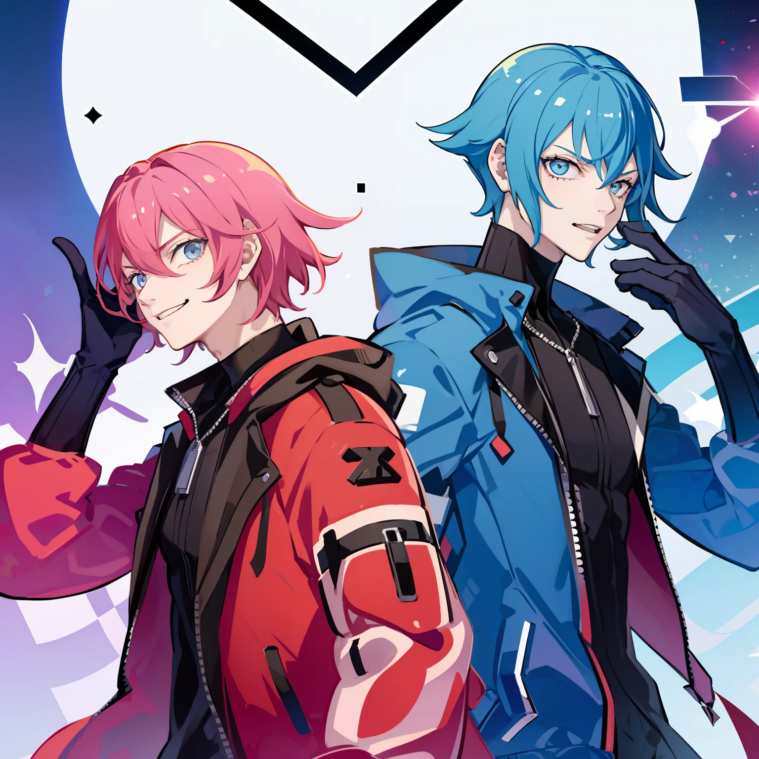 Evil twin Kisikilnas as a boy, Long pink hair, devious smile ,kisikilevil,  Evil twin Lila as a boy, long Blue hair, ((2boy s)), high quality, masterpiece, high Aesthetic , lillaevil, Phantom thieves , partners, dynamic poses