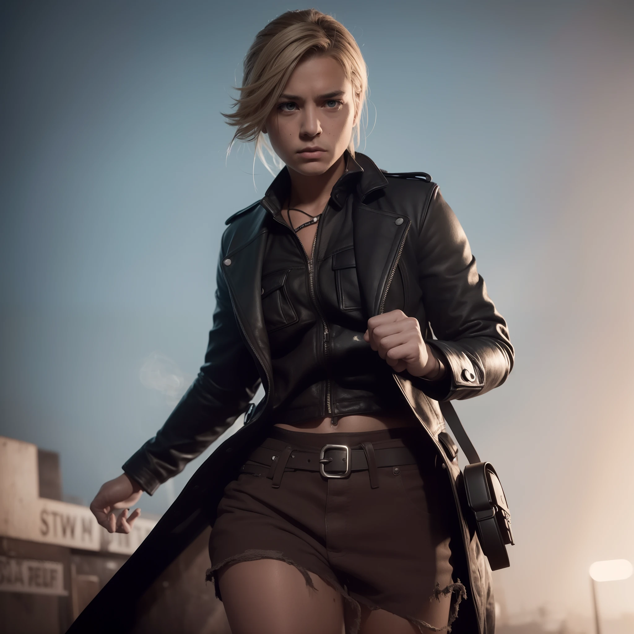 a person holding a shotgun, intense facial expression, focused gaze, rugged appearance, worn-out clothing, dirty hands, standing in a dark alley, dim lighting, smoke in the background, dramatic angle, black and white photography, high contrast, gritty texture, raw emotions, violent atmosphere. (best quality, highres:1.2), ultra-detailed, realistic, street photography, monochrome, shadows and highlights, film noir, moody ambiance, powerful composition, cinematic, intense emotions.