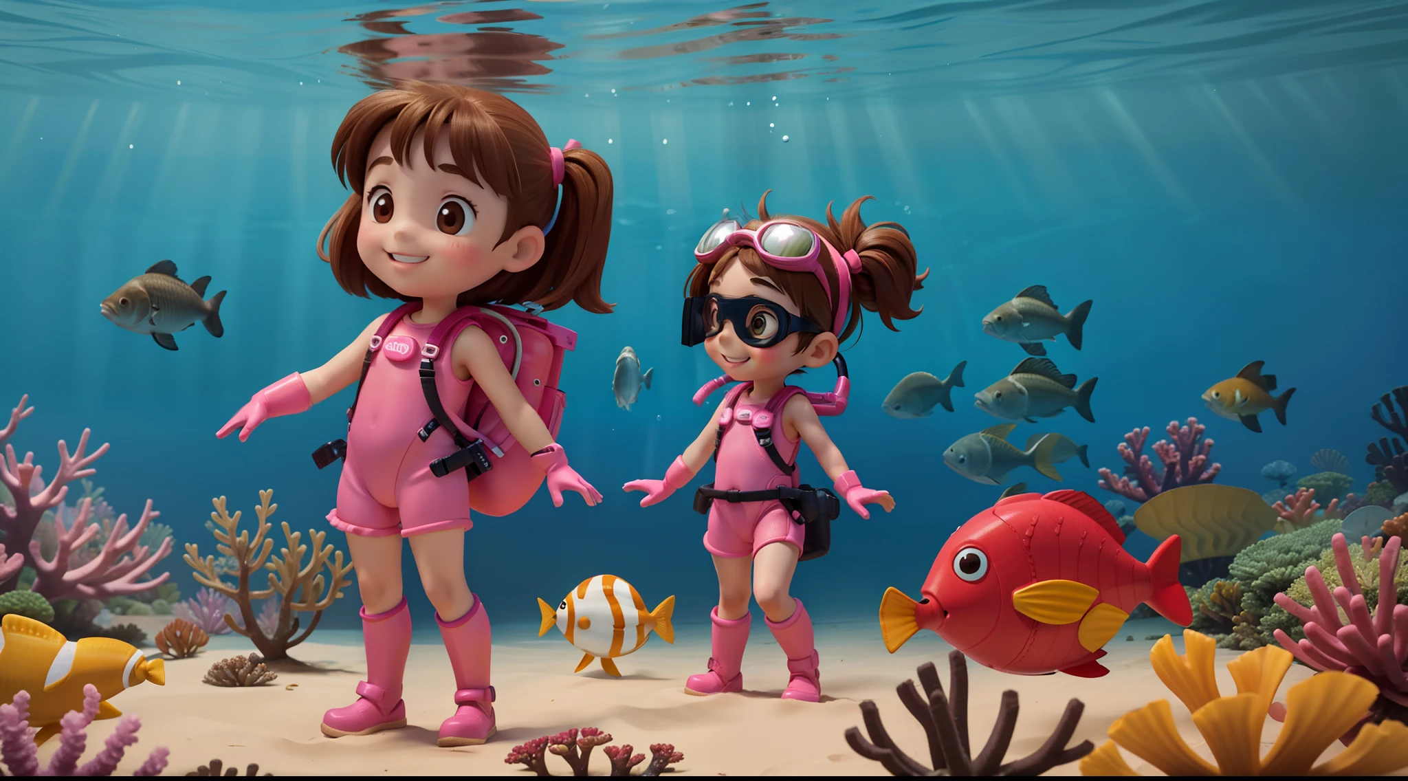 Frontal image of a 5--old l standing, happy, with brown hair, brown eyes, rosy cheeks, arms spread apart, legs apart, wearing diving goggles, pink diving suits, diving gloves, and diving shoes, underwater among corals and fish, in the style of a children's book illustration.