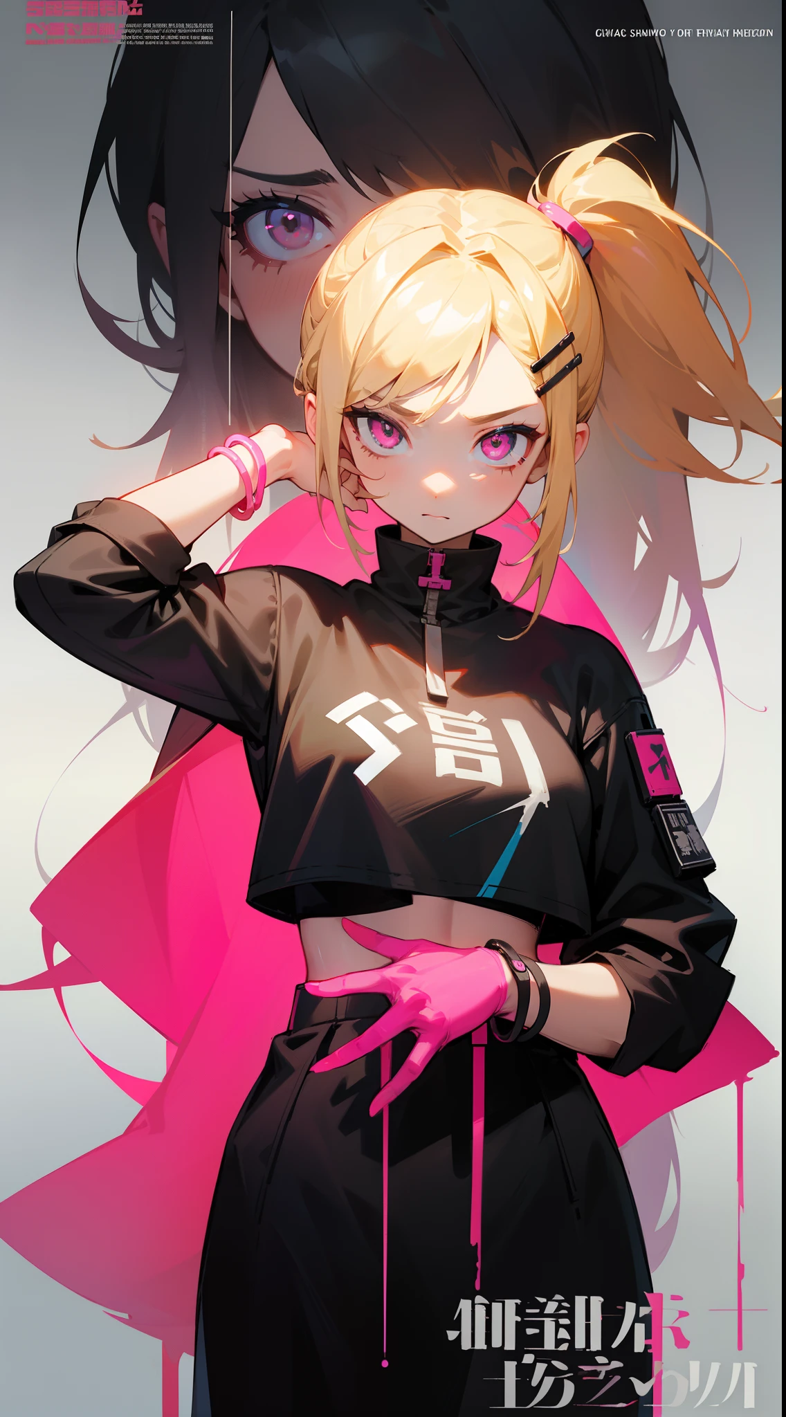 1 girl, blonde hair, blonde woman, pony tail, bright pink eyes, pastel colours, big breastes, Cute hair clips, tattoos on body, bracelets on hands, The film's poster depicts a young woman as the central character。She stands confidently in the center of the poster，Wear trendy cyborg-futuristic outfits，with a determined expression on his face。The background is dark and grainy，There is a sense of danger and a strong sense。The text turned out to be bold and attracted attention，with catchy slogans，Adds overall drama and excitement。The color palette is dominated by dark colors，dotted with bright colors