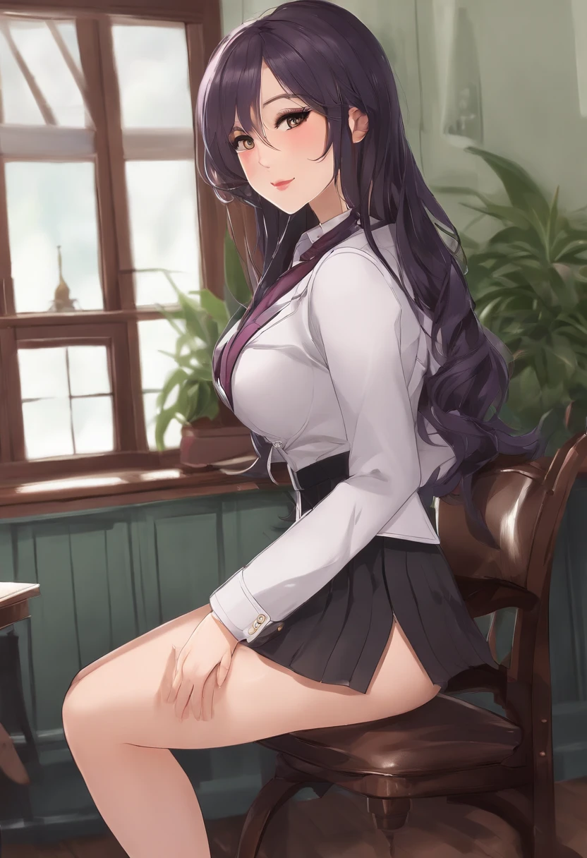 beautiful, (best quality, master piece, super detailed, pretty face, gorgeous face, full body, perfect composition, perfect lighting) Use advanced machine learning to create a teenage woman, long dark purple hair, erotic smile, (Story of Background: focus on the ass, school, classroom, green blazer, white shirt, black skirt, garter belt) protruding belly, fat breasts, saggy breasts, saggy ass, chubby