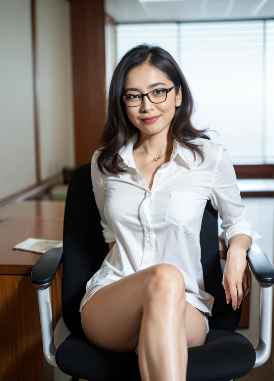 ((Best Quality, 8k, Masterpiece, Portrait: 1.3)), (looking at the viewer),Photorealistic, Sharp Focus, glare, 1 beautiful Japan Office Lady, glasses, white shirt, Clothes with big Cleavage View, stick electric massager, 35 Years Old, Wavy Hair, ((double eyelid, eyelash, lip gloss)), ((Sit and Open your legs wide on office chair:2, one knee up, show crotch)), (loose waist:1), ((Show Panties that stained on pubic part:1)), (pubichair:1.5), (open mouth:0.7), (smile:0.75), ((open mouth:1)), Darkness Nobody Office Room,