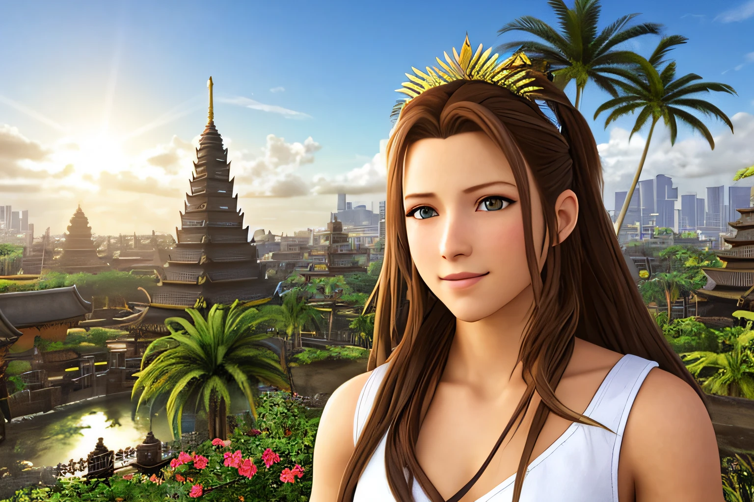 a professional photo of the Aerith Gainsborough from Final Fantasy, red bow on her head, detailed face, detailed eyes, brown hair, smiles mischievous blushing face, (a fantasy city of the future against the backdrop of:1.2), (temples:1.2), tropical plants, tropical leaves, palm trees, tropical trees, intricate, sunny day, realistic shadow, hyperrealism