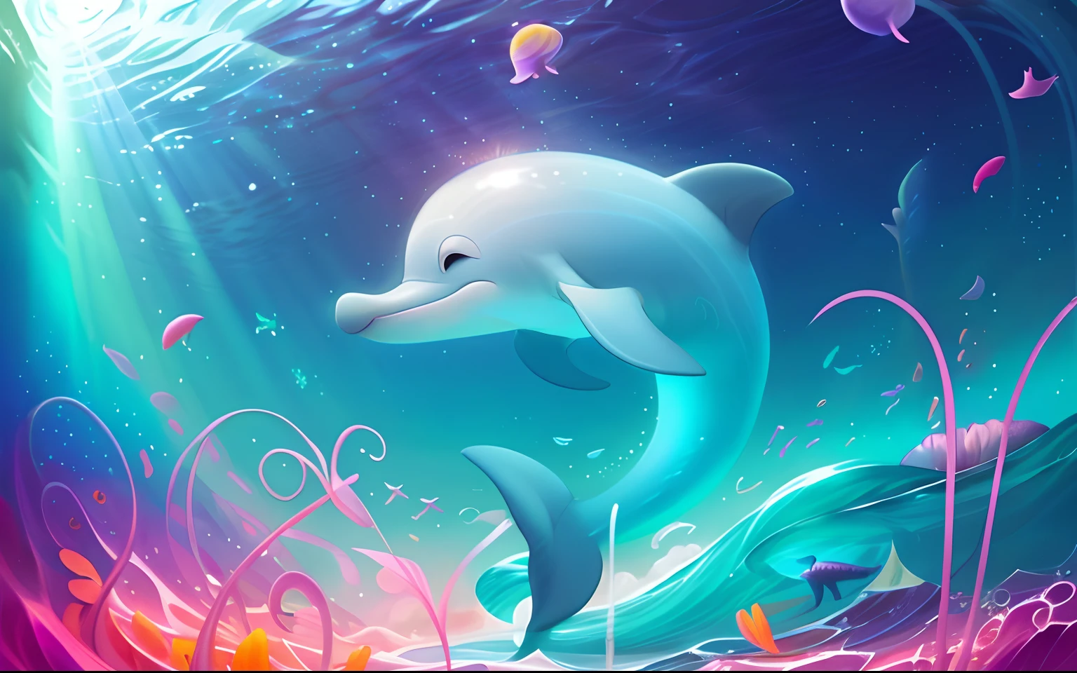dolphin in the sea with jellys and jellyfishs in the background, inspired by Cyril Rolando, in style of cyril rolando, 2. 5 d illustration, stylized digital illustration, procreate illustration, stylized digital art, dolphin, stylized as a 3d render, stylized 3 d, 2 d illustration, 2d illustration, jen bartel