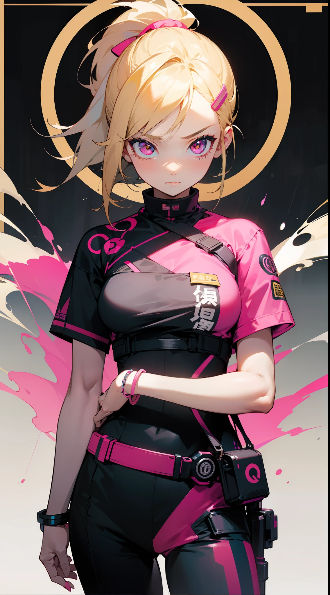 1 girl, blonde hair, blonde woman, pony tail, bright pink eyes, pastel colours, big breastes, Cute hair clips, tattoos on body, bracelets on hands, The film's poster depicts a young woman as the central character。She stands confidently in the center of the poster，Wear trendy cyborg-futuristic outfits，with a determined expression on his face。The background is dark and grainy，There is a sense of danger and a strong sense。The text turned out to be bold and attracted attention，with catchy slogans，Adds overall drama and excitement。The color palette is dominated by dark colors，dotted with bright colors