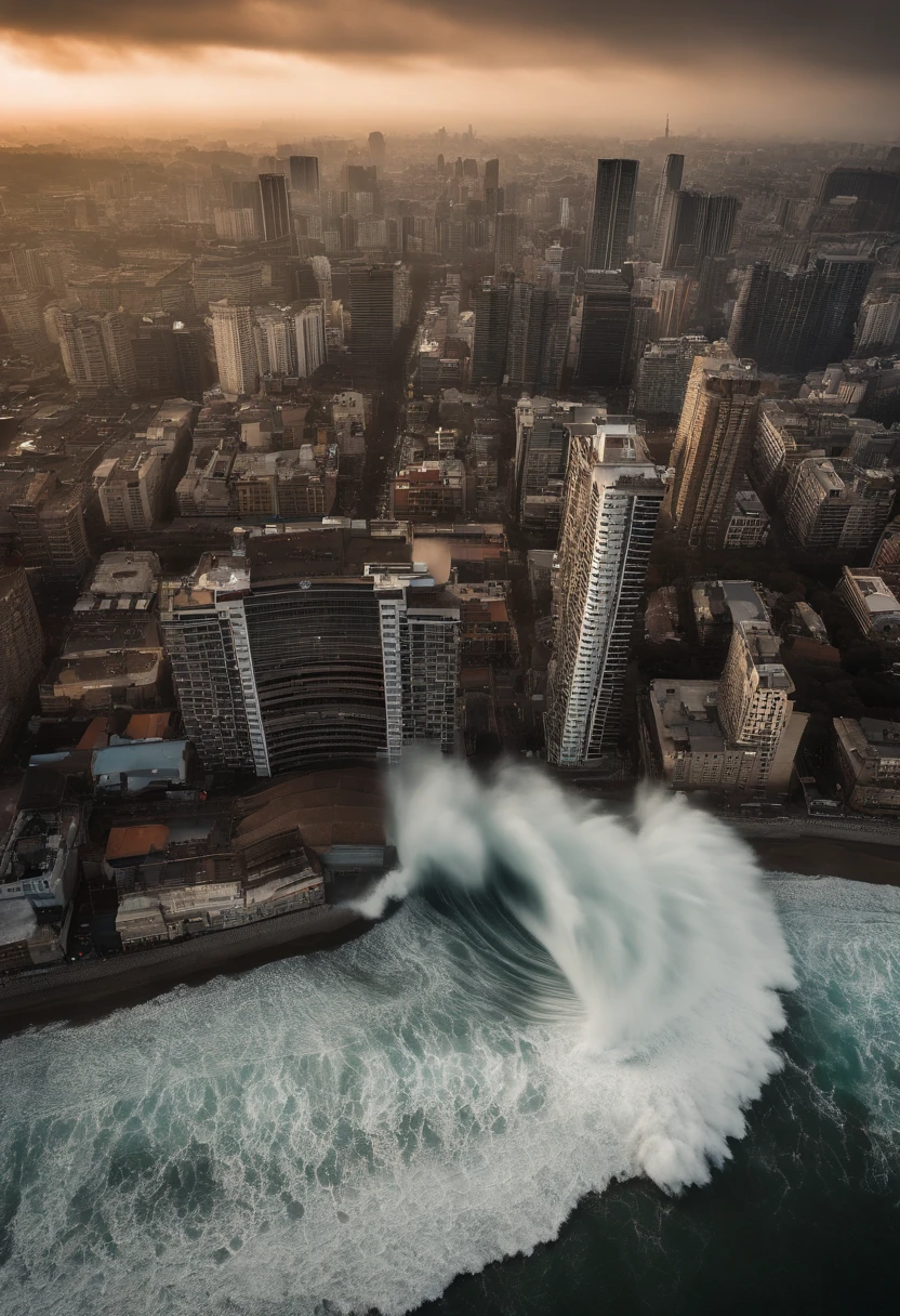 tidal waves,Armageddon,Greatwave,flap,Run-down cities create cinematic cityscapes,Towering tsunami waves pound the city skyline. The lens should capture the absolute power and destructive power of the wave, The building in the foreground is partially submerged, debris flying, and the feeling that disaster is imminent. Long lens camera angle with EE 70mm lens on the Nikon D850, Aim for high resolution, Photorealistic rendering. Ensure that the scene is highly detailed, With HDR lighting, And convey a sense of urgency and confusion.