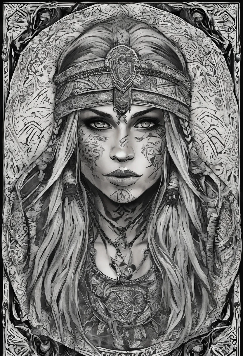 white haired scraggly shirtless tattooed female viking shaman, has glowing tattoos