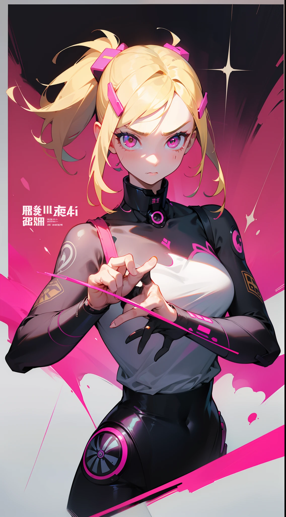 1 girl, blonde hair, blonde woman, pony tail, bright pink eyes, pastel colours, big breastes, Cute hair clips, tattoos on body, bracelets on hands, The film's poster depicts a young woman as the central character。She stands confidently in the center of the poster，Wear trendy cyborg-futuristic outfits，with a determined expression on his face。The background is dark and grainy，There is a sense of danger and a strong sense。The text turned out to be bold and attracted attention，with catchy slogans，Adds overall drama and excitement。The color palette is dominated by dark colors，dotted with bright colors