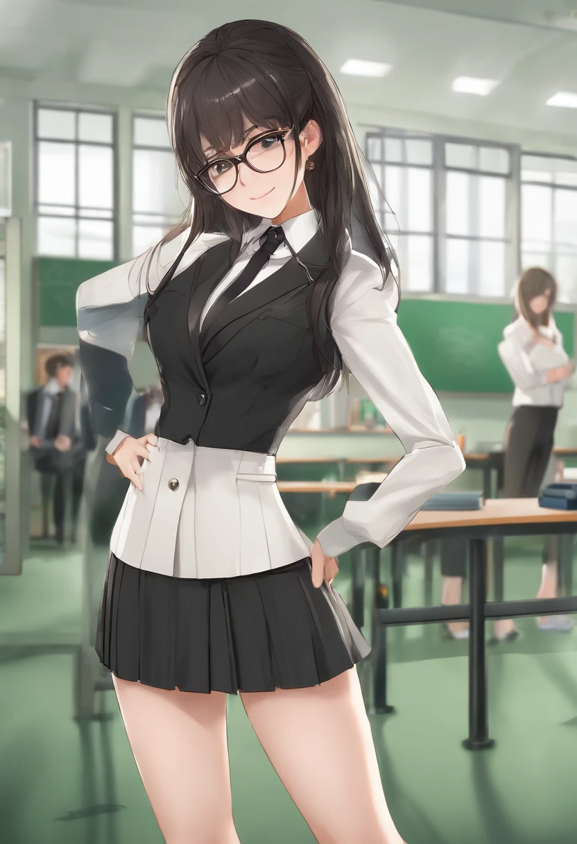 beautiful, (best quality, master piece, super detailed, pretty face, gorgeous face, full body, perfect composition, perfect lighting) Use advanced machine learning to create a teenage woman, long black hair, bangs, glasses, erotic smile, (Backstory: focus on the ass, school, classroom, green blazer, white shirt, black skirt, black garter belt) protruding belly, fat breasts, saggy breasts, saggy ass, chubby