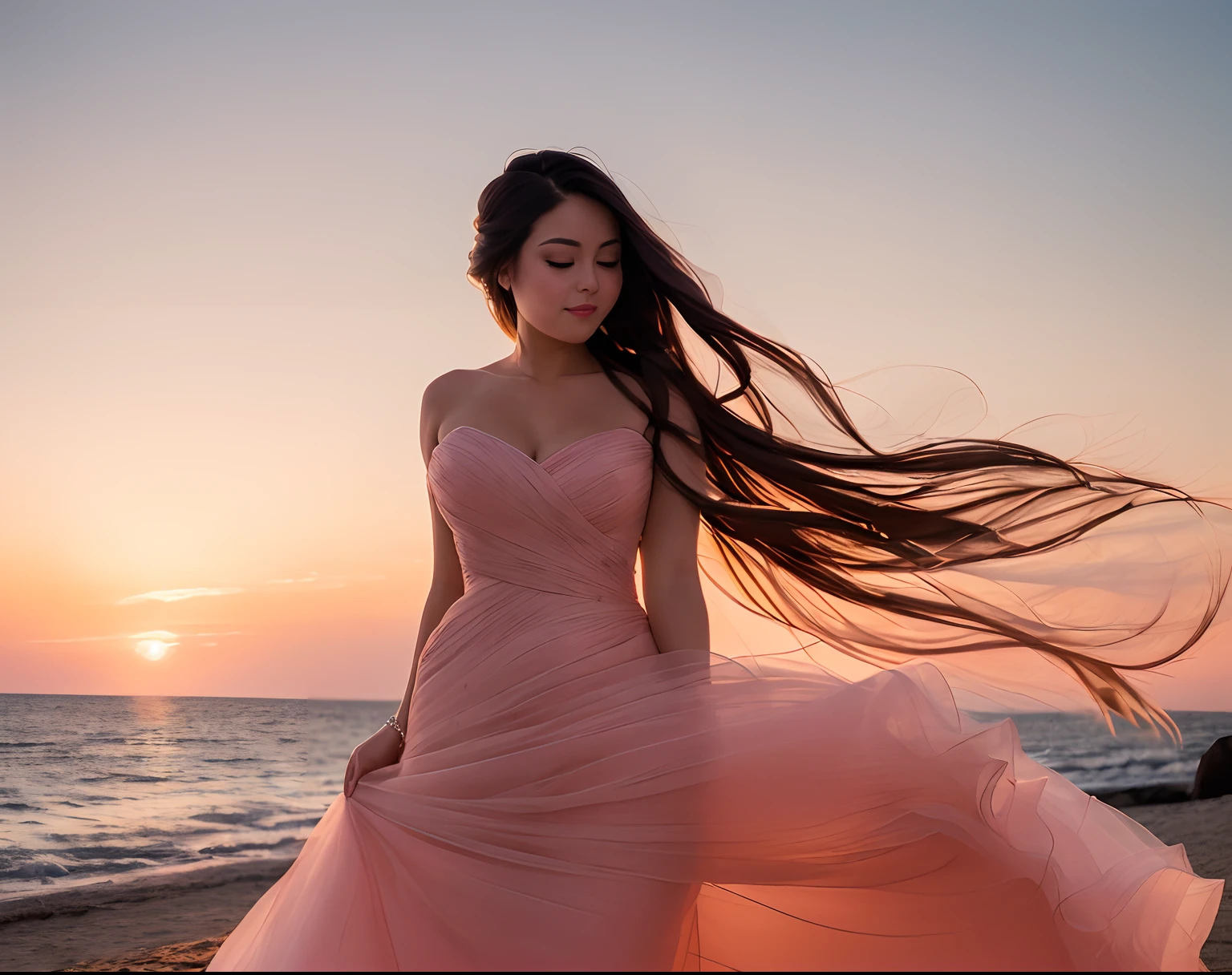 Take a portrait of the lady in a blush or soft pink wedding dress during the golden hour of sunset. The warm, glowing light creates a romantic atmosphere. A beach or open field serves as the background, accentuating the dreamy ambiance