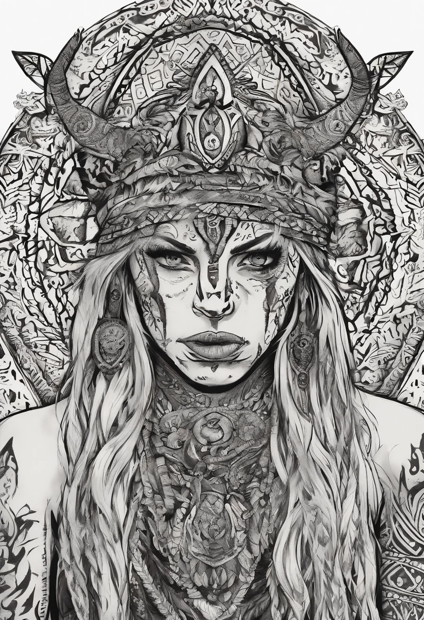 white haired scraggly shirtless tattooed female viking shaman, has glowing tattoos