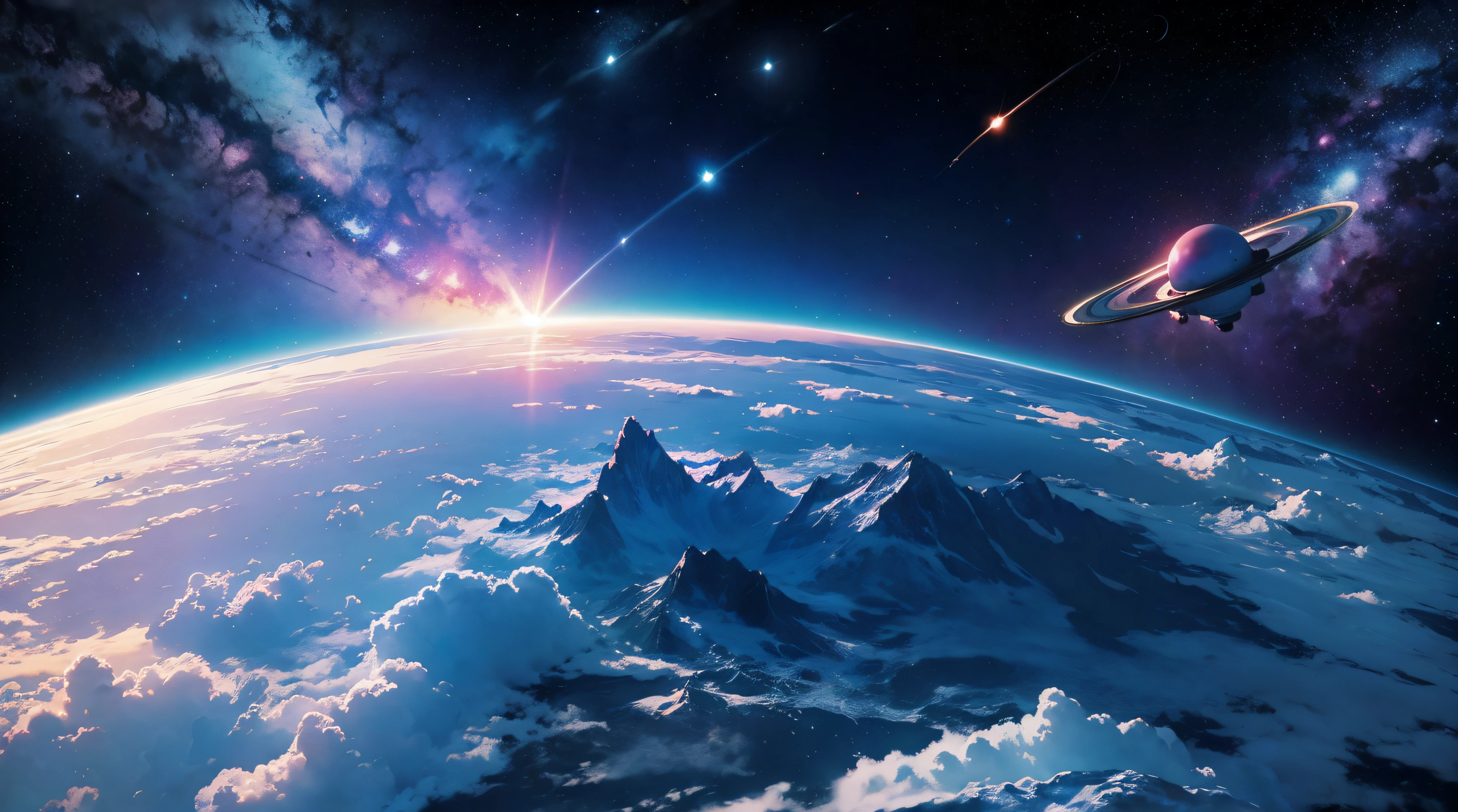 space with all planets blue and pink color with background of bright white stars in the style of Miyazaki, —air 21:9, quality 4k