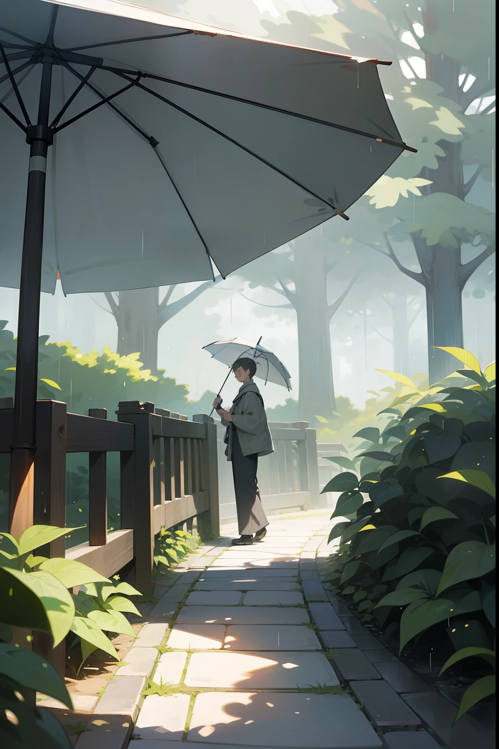 Boy with big eyes ,Light gray tones on rainy days ,Pleasant and homely atmosphere ,paths ,parks,Light rain ,Path umbrella,,White space at the top of the frame , wide angles ,Natural light ,Movie light , Flat illustration ,Cartoon style ,Dappled light ,super detailing ,16k ,Best quality