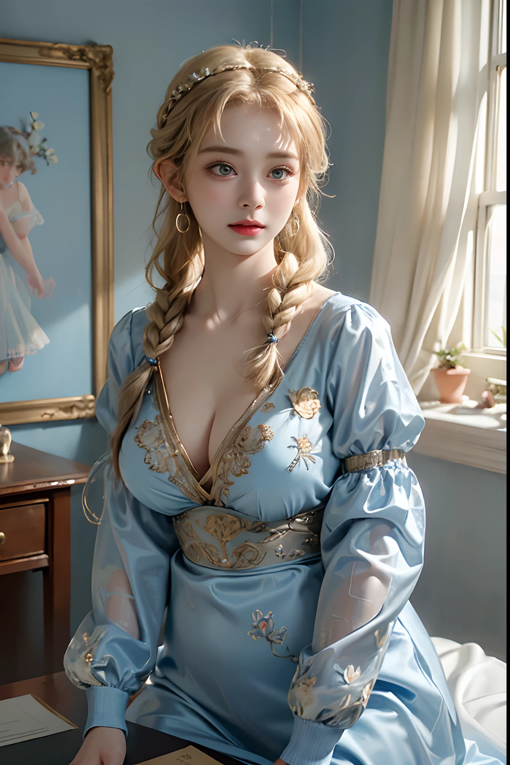 (Front Focus),Surrealist portraits of women by David Hockney and Alphonse Mucha,((ultra gigantic tits))、((Upper body naked))、( Exposed)、((Schools))、Classroom、((Engaging pose))、Fantasyart,(((Golden braided hair)))、((Luxury lingerie in light blue with sexy embroidery))、((Fine light blue lingerie outfit with sexy embroidery))、((Sexy schoolgirl、High quality light blue lingerie with embroidery with less fabric))、Beautifully embroidered sexy embroidered fine light blue lingerie outfit,Decorated with high-quality embroidered fine lingerie outfits and fine jewelry,photographrealistic,动态照明,art stations,poster for,Volumetriclighting,extra detailed face,4 k'',((Colossal tits))、With diamonds,Sexy thighs,exposing the abdomen ,Chest 1 Girl, In the Dark, deepshadow, low tune, Cowboy Shot,(official clothing:1.4), The eyes are confused and seductive,legs separated