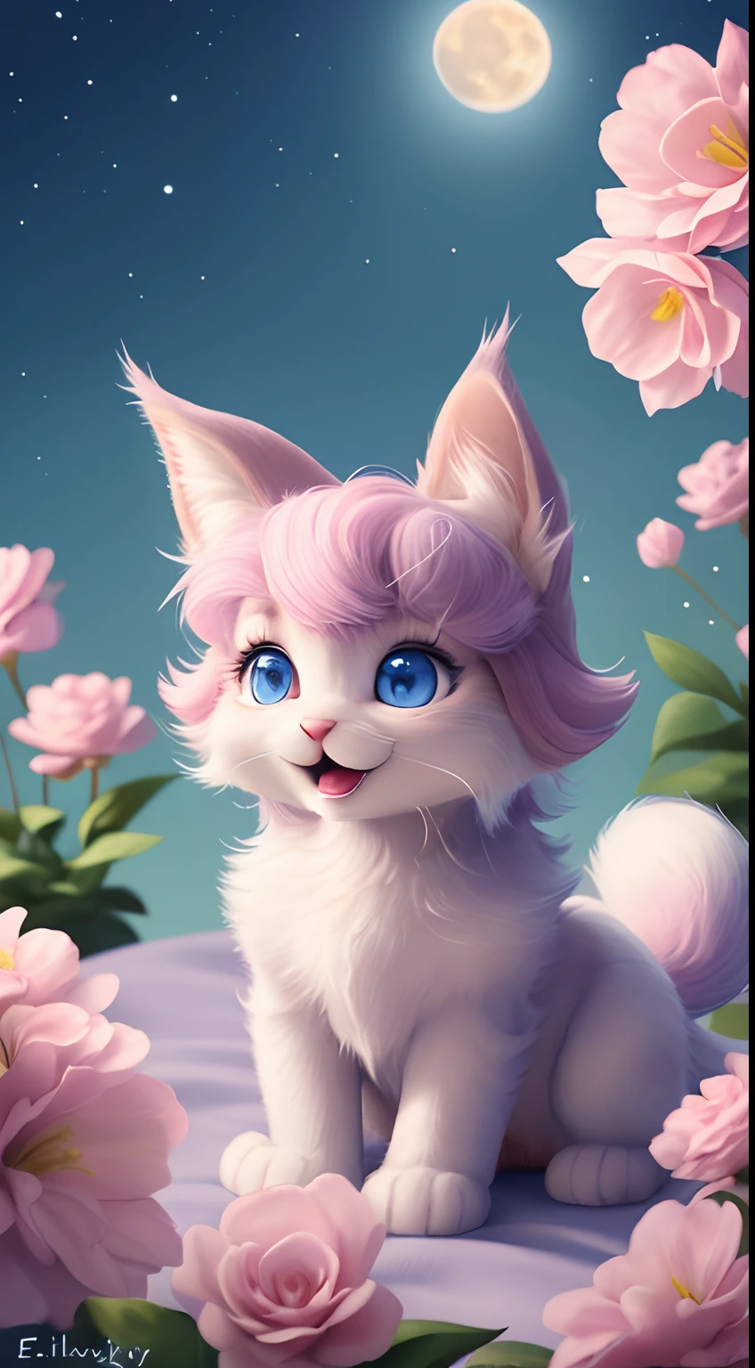 A kitten with a tiny tail, a small nose, small ears, blue eyes, pink background, flowers, vases, dreams, open mouth, smile, Caroline Chariot-Dayez pastels, tumblr, furry art, elokitty, Disney's Bambi cat, Disney's stylized furry, ears floating, fluffy tail, fluffy '', fluffy !!!, high resolution, furry art!!! The moon, small in size