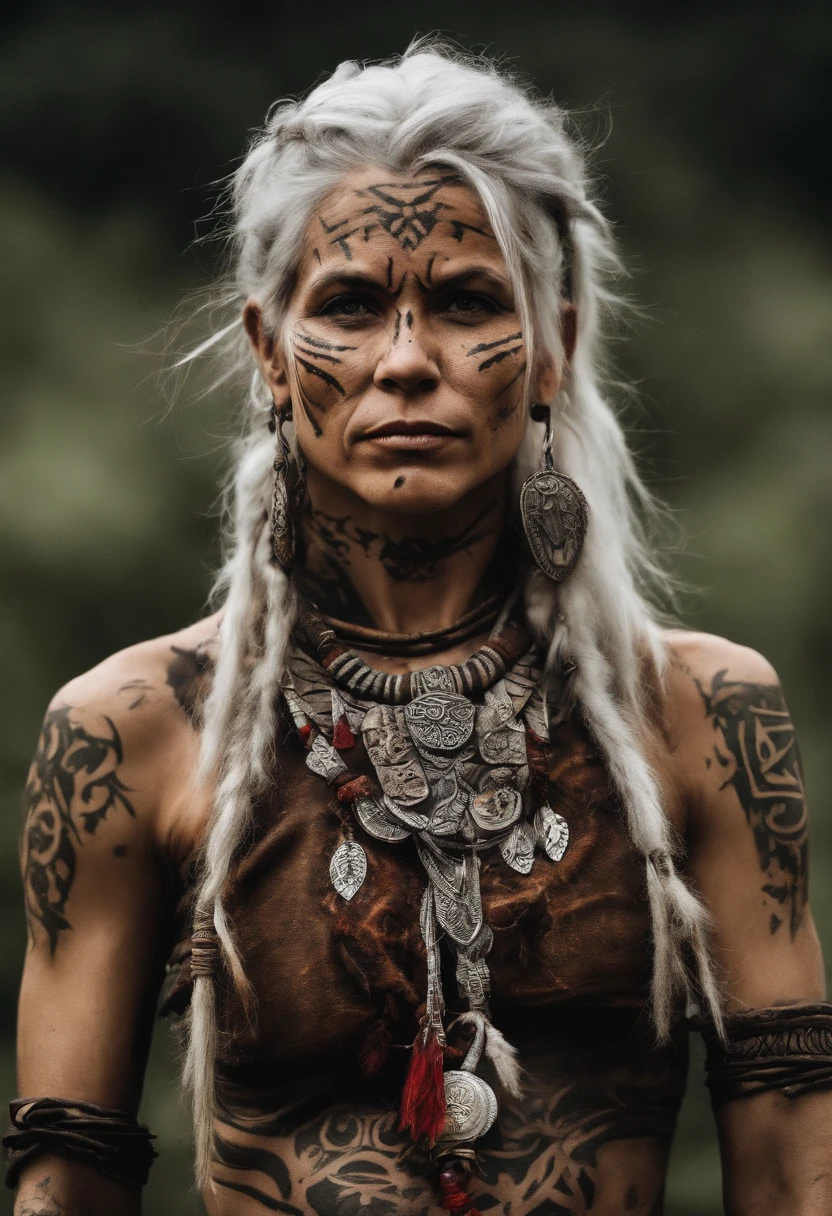 white haired scraggly shirtless tattooed female viking shaman, has glowing tattoos, wearing light leather armor