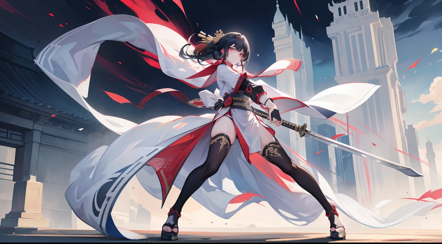 In front of a huge Chinese-style building,Image of a female swordsman holding a sword and a large number of swords,Fitted white robe ,black lence stockings,A bunch of black hair,green-eyed,Frontal posture,typhoon,thunder,Style Artgerm, Full body detail 4K,Dreamlike,and its detailed full-body detail 4K