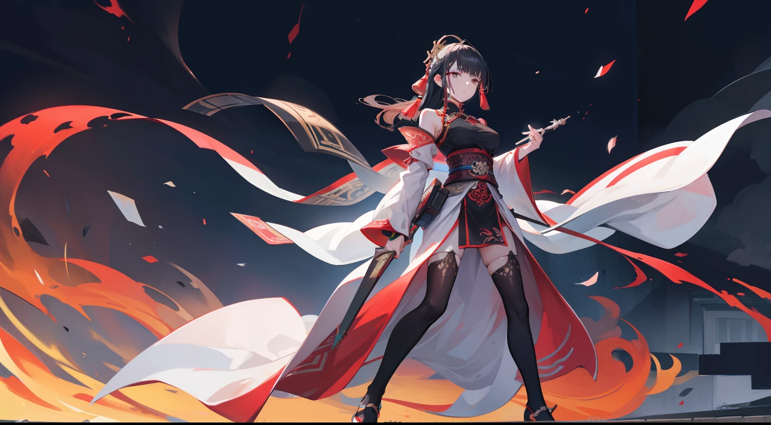 In front of a huge Chinese-style building，Image of a female swordsman holding a sword and a large number of swords,Fitted white robe ,black lence stockings，A bunch of black hair，green-eyed,Frontal posture，typhoon，thunder，Style Artgerm, Full body detail 4K，Dreamlike，and its detailed full-body detail 4K