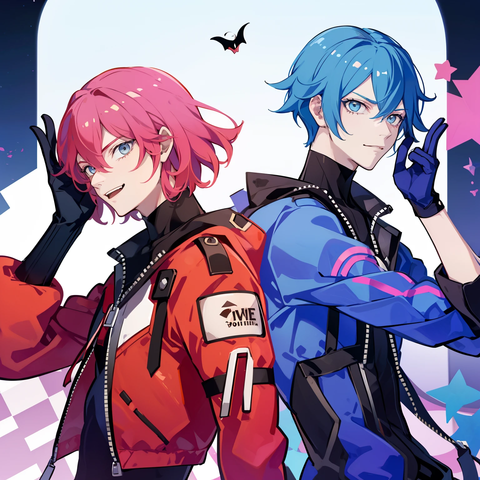 Evil twin Kisikilnas as a boy, Long pink hair, devious smile ,kisikilevil,  Evil twin Lila as a boy, long Blue hair, ((2boy s)), high quality, masterpiece, high Aesthetic , lillaevil, Phantom thieves , partners, dynamic poses