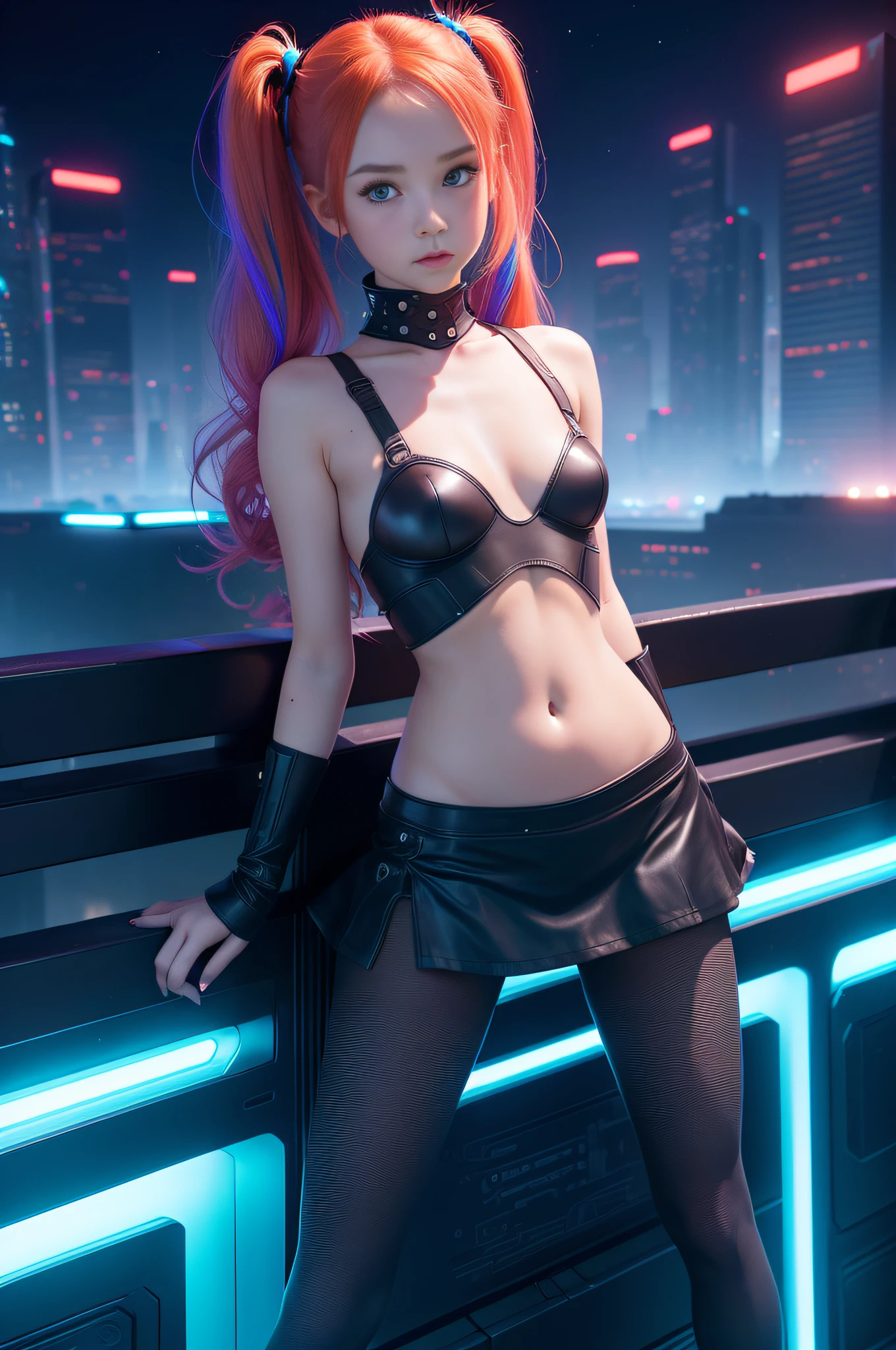 1 girl, solo, (nsfw), cute redhead 18-year-old girl in twin tails, ((perfect female body)), (cute face make up), multiple (rainbow colored hair: 1.2), (beautiful detailed blue eyes: 1.6), (photo realistic eyes: 1.6), happy, Ukrainian, (petite body), ((small hips)), pale white skin, (mini skirt and tube top), (matte pantyhose: 1.6), (("TRON LEGACY futuristic city" style background)), (night time:1.2), photo realistic.