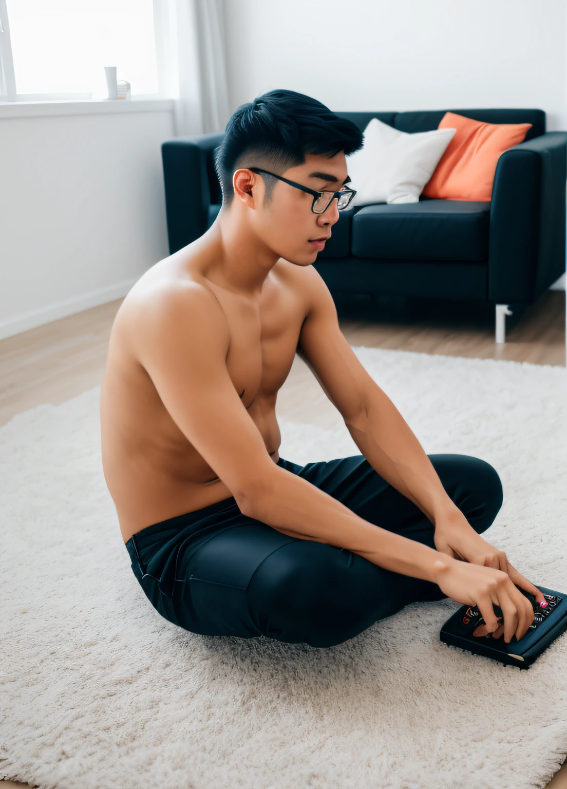 RAW Photos、(Detailed skin:1.2)、8k UHD、Digital SLR、Soft lighting、hightquality、Film Grain、FUJIFILM XT3、Man sitting on the floor、Man playing games、Troubled look、nerdy、Gaming