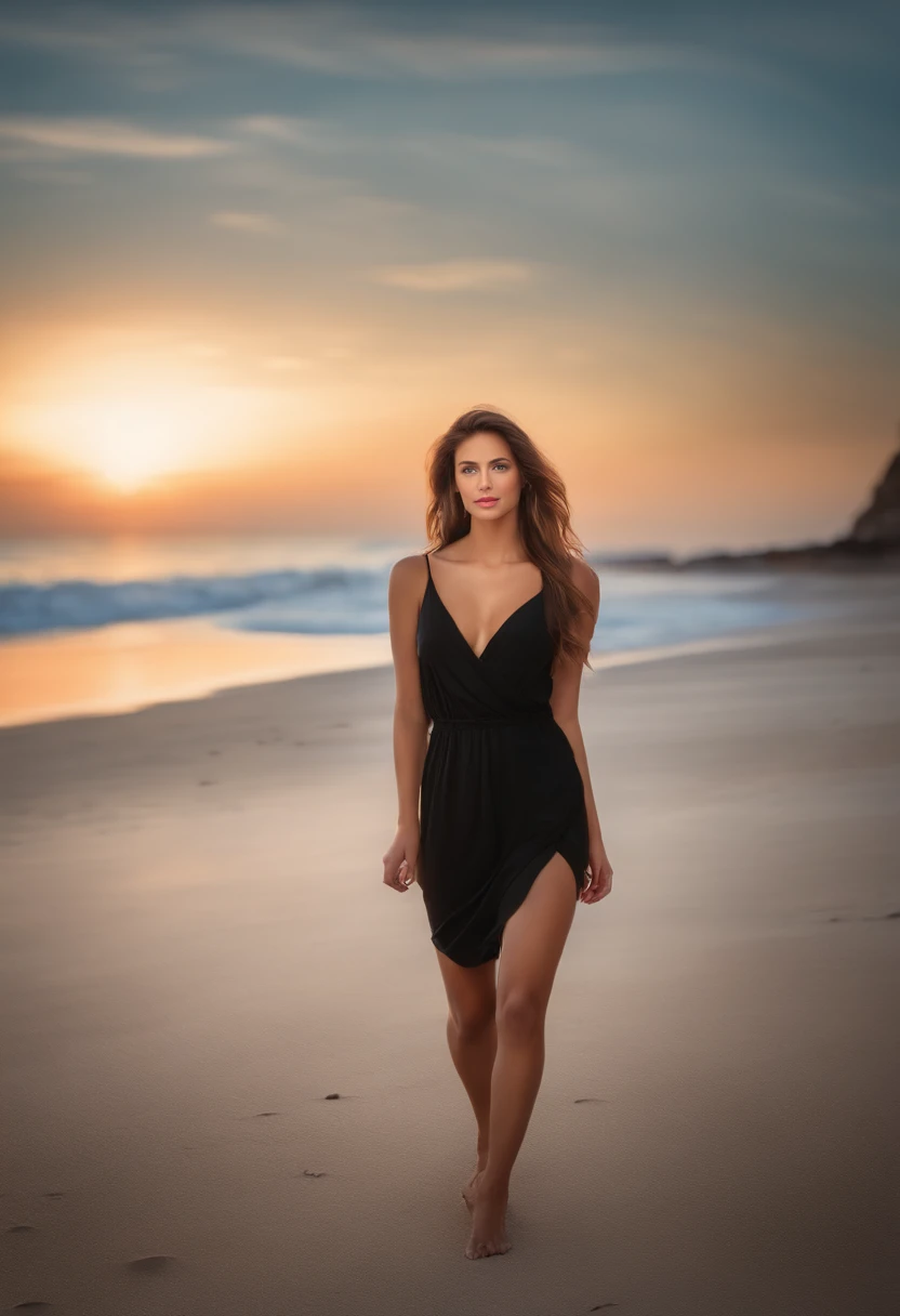 photorealistic picture of a woman with black dress, sexy girl with blue eyes, portrait, brown hair and large eyes, selfie of a young woman, bedroom eyes, without makeup, natural makeup, looking directly at the camera, face with artgram, subtle makeup, stunning full body shot, walking by beach at sunset, cleavage