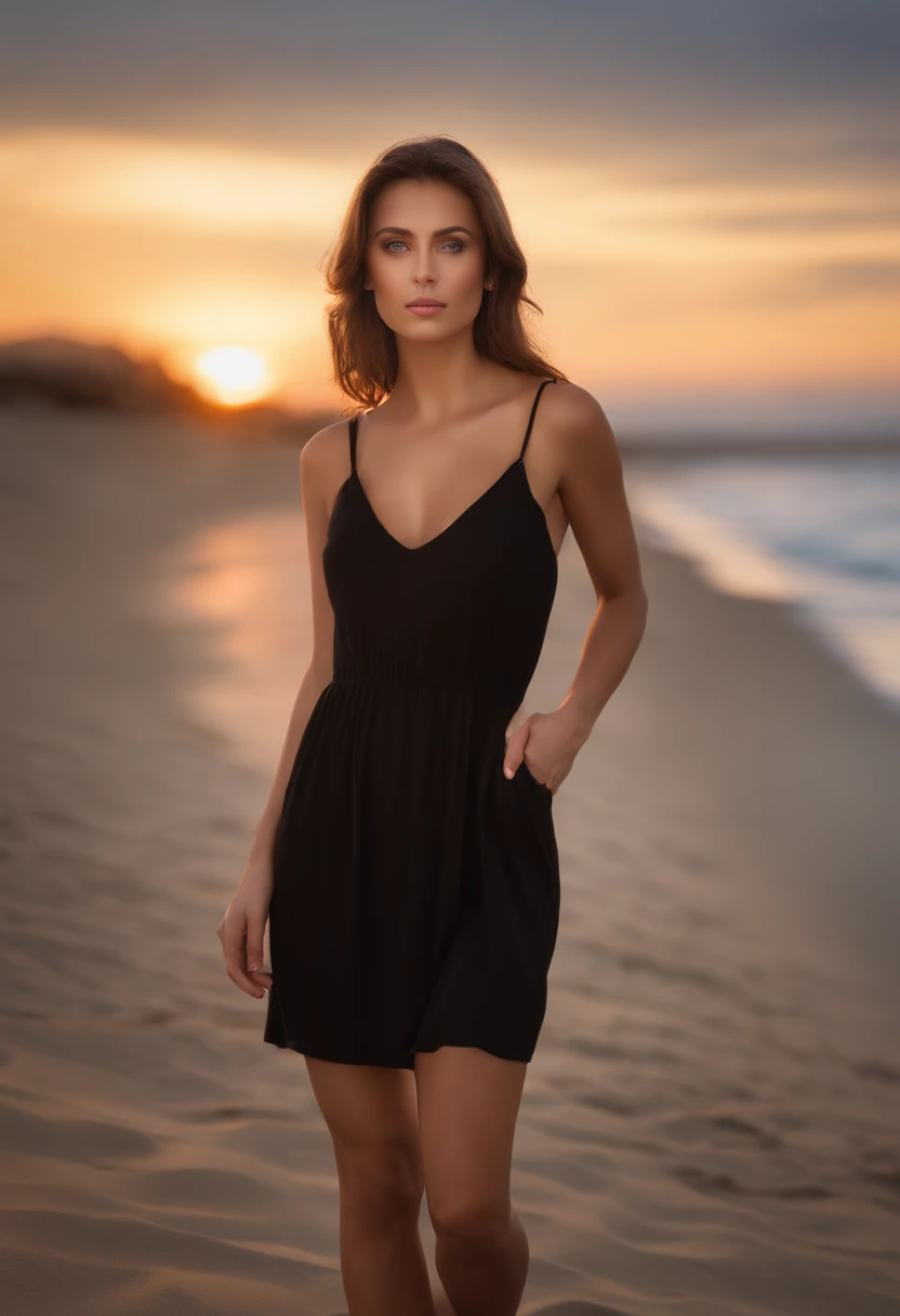 photorealistic picture of a woman with black dress, sexy girl with blue eyes, portrait, brown hair and large eyes, selfie of a young woman, bedroom eyes, without makeup, natural makeup, looking directly at the camera, face with artgram, subtle makeup, stunning full body shot, walking by beach at sunset, cleavage